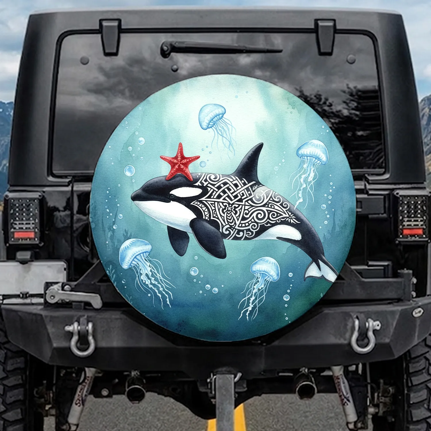 Orca Starfish Tribal - Ocean Wildlife Lover Gift for Marine Life Fans Spare Tire Cover - 1