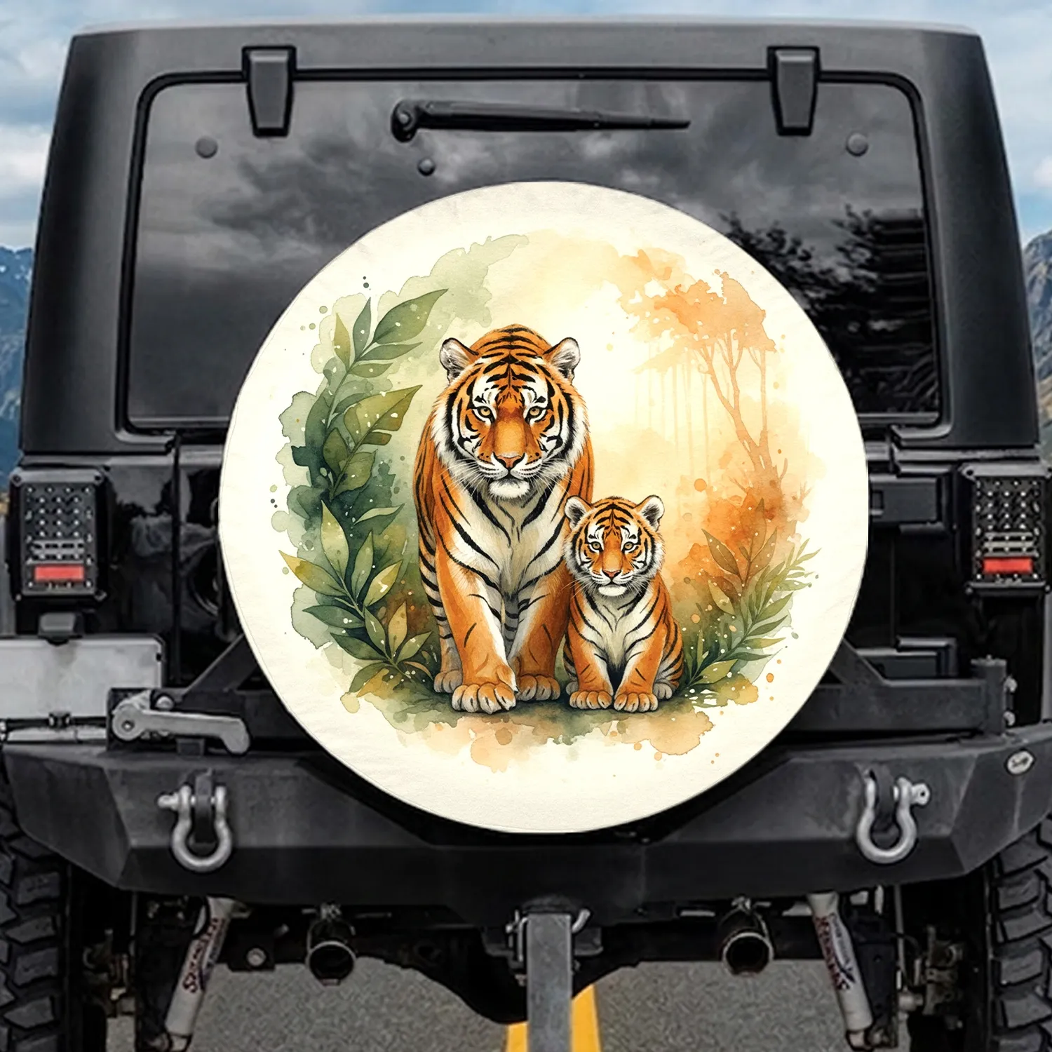 Majestic Adult Tiger Cub Direct Gaze Jungle Foliage Scene - Wildlife Lover Gift Spare Tire Cover - 1
