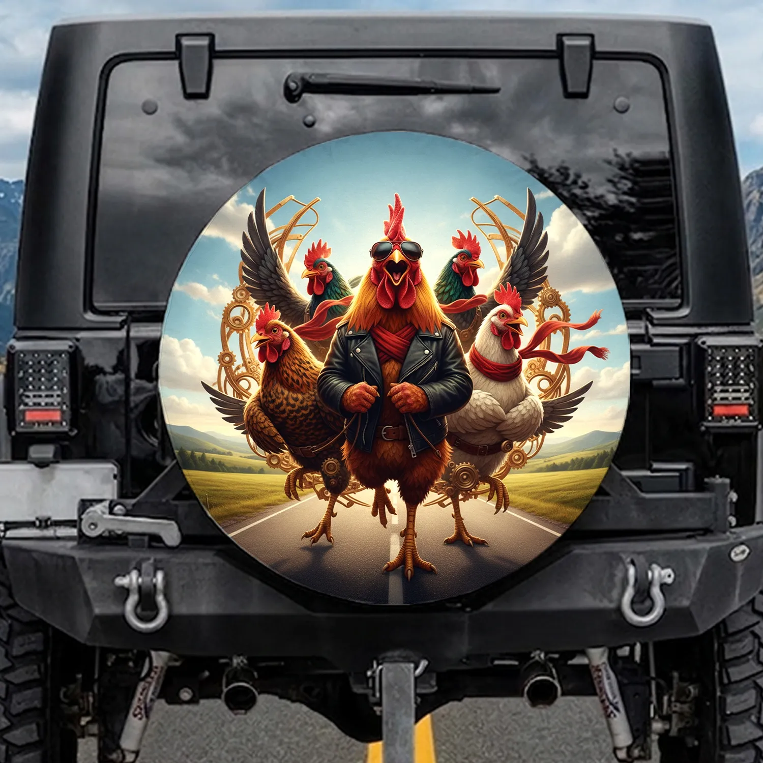 Five Chicken Road Trip Crew Open Road Landscape Adventure Gift Spare Tire Cover - 1