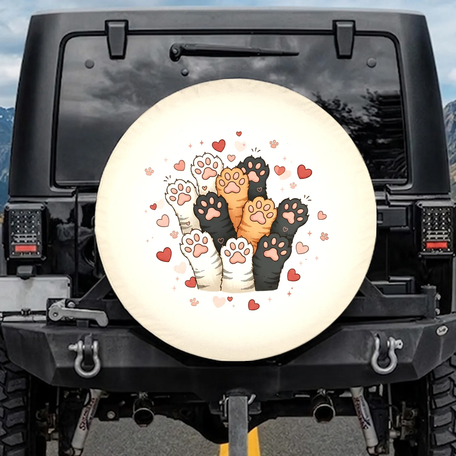 Fluffy Cat Paws Hearts Paw Prints Sparkles - Cat Lover Everyday Vehicle Accessory Gift Spare Tire Cover - 1