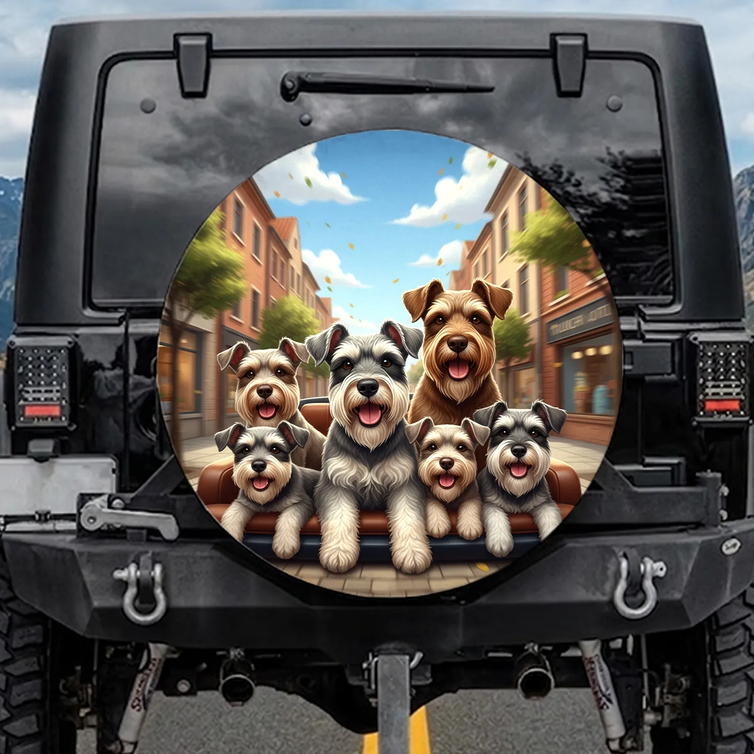 Schnauzer Dogs European Street Scene - Dog Lover Road Trip Gift Spare Tire Cover - 1