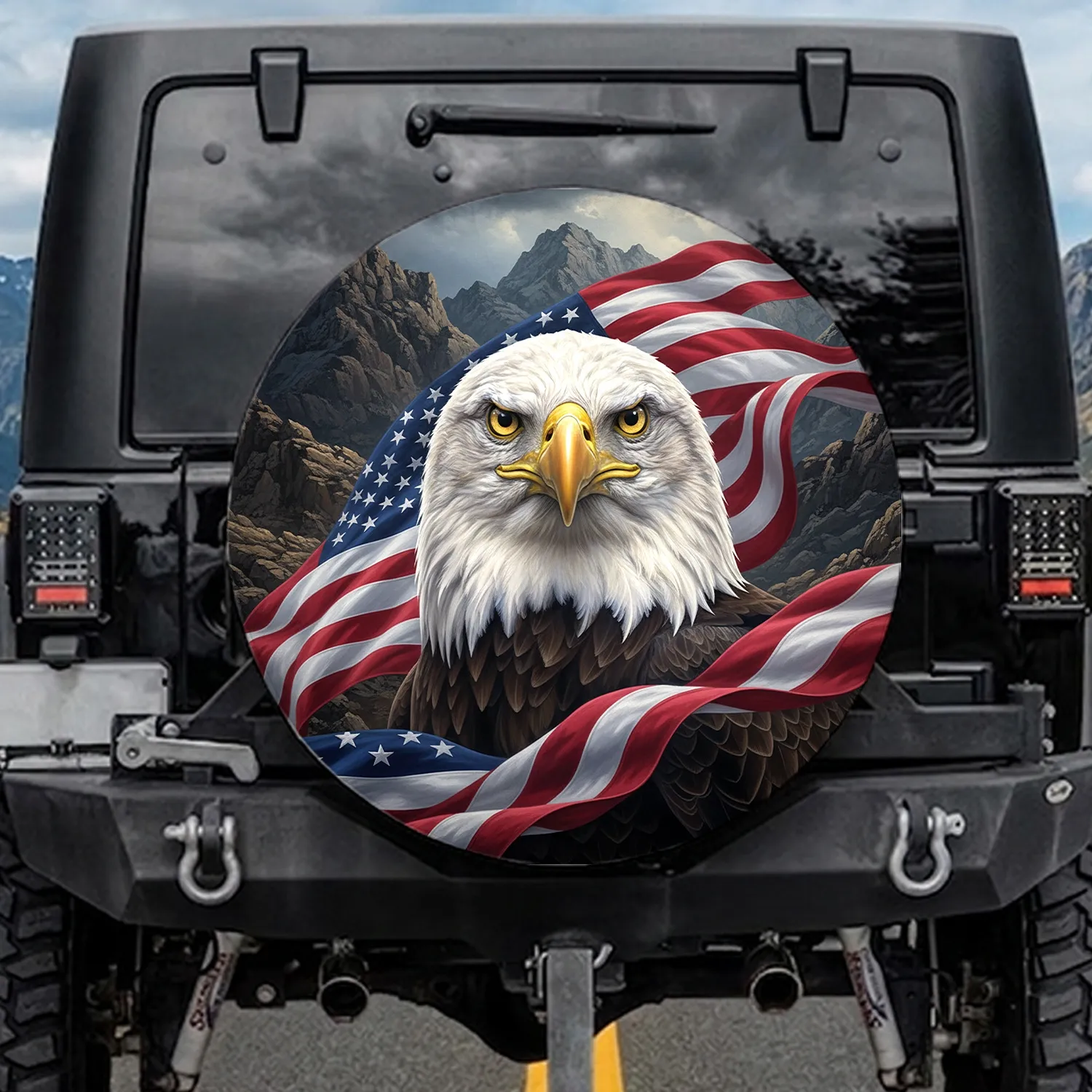 Bald Eagle American Flag Patriotic Display - Wildlife Enthusiast Gift Spare Tire Cover - 1