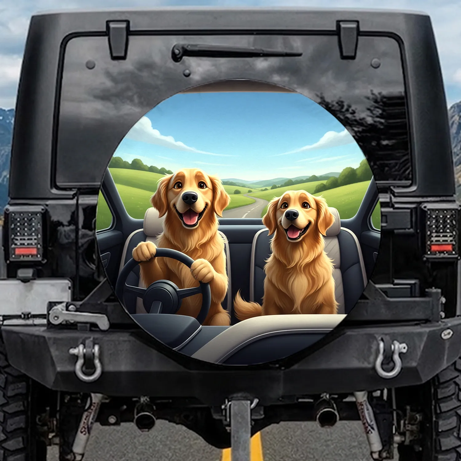 Happy Golden Retrievers Car Interior Scene Green Hills Blue Sky - Dog Lover Travel Gift Spare Tire Cover - 1