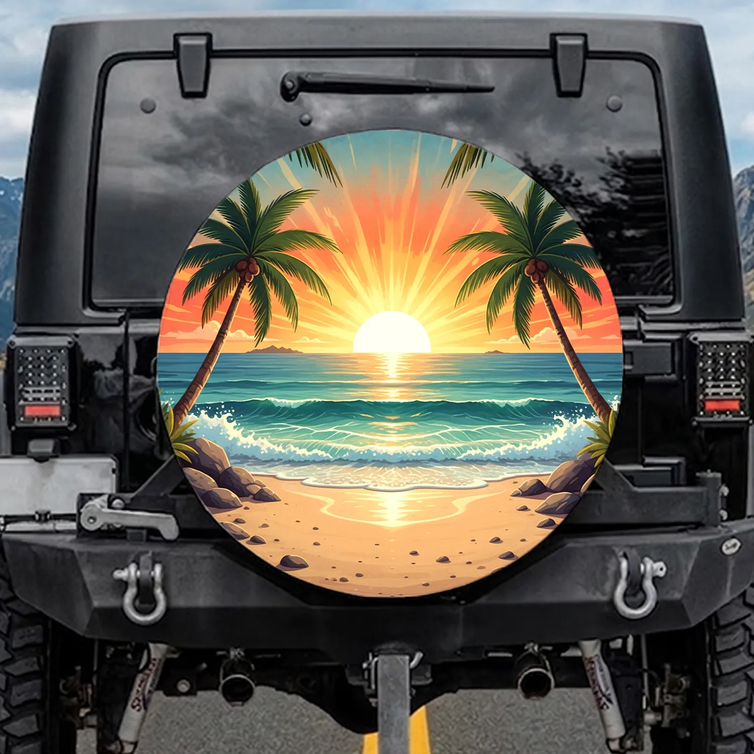 Tropical Paradise Island Sunset Palm Trees Ocean - Vehicle Decor Gift Spare Tire Cover - 1