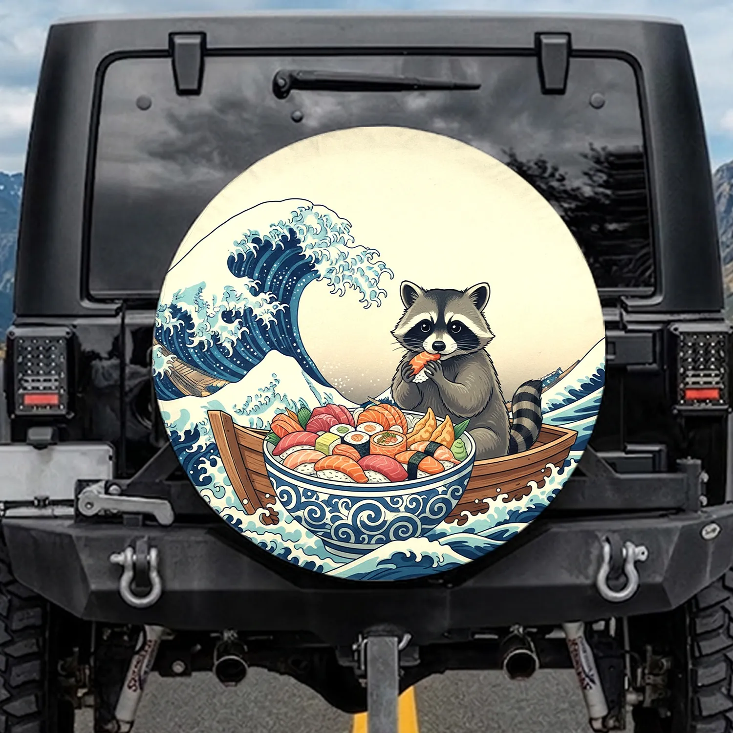 Raccoon Sushi Japanese Ocean Wave Fishing Boat - Foodie Wildlife Lover Gift Spare Tire Cover - 1