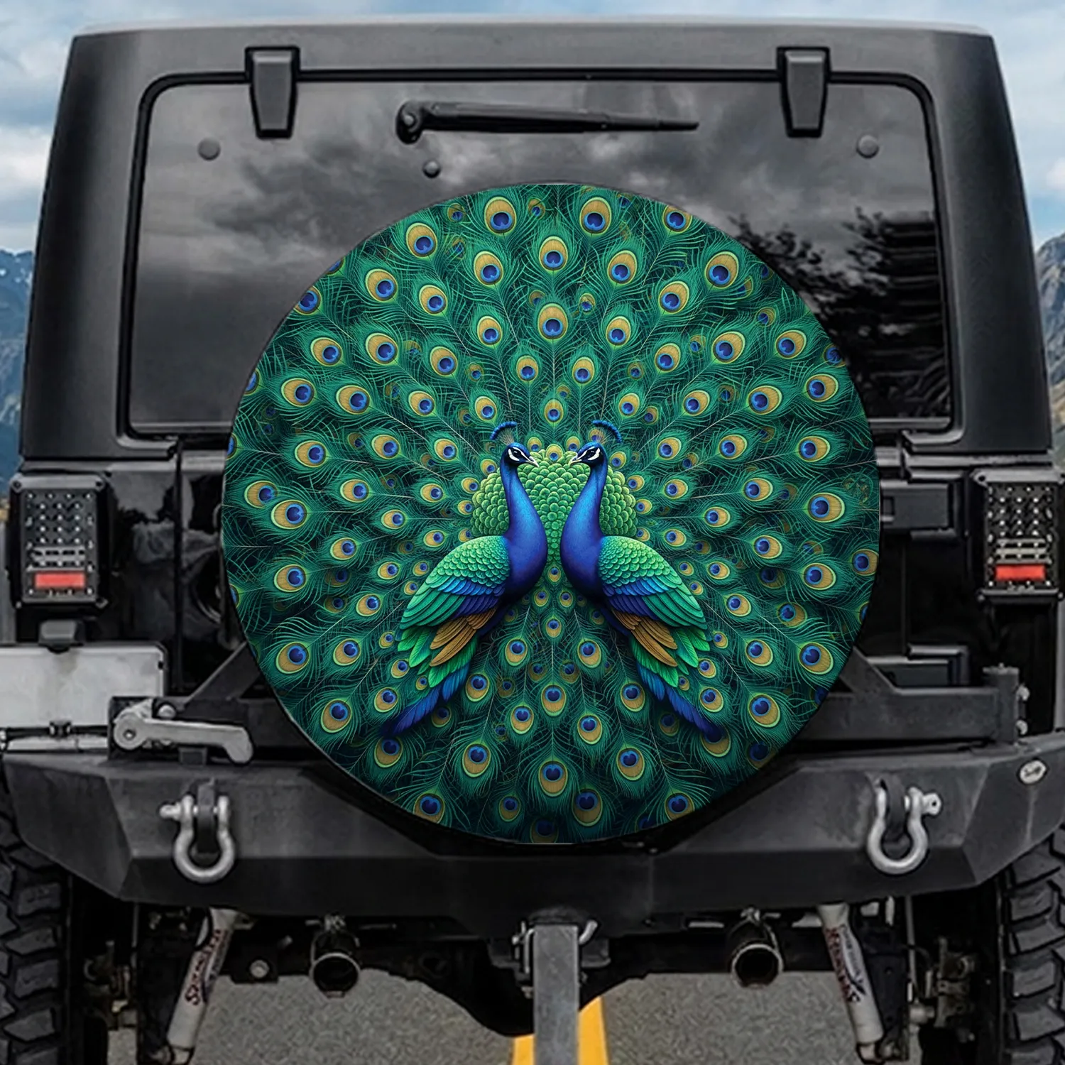 Two Majestic Peacocks Fanned Tail Feathers Distinct Eye-Spots - Wildlife Lover Gift Spare Tire Cover - 1