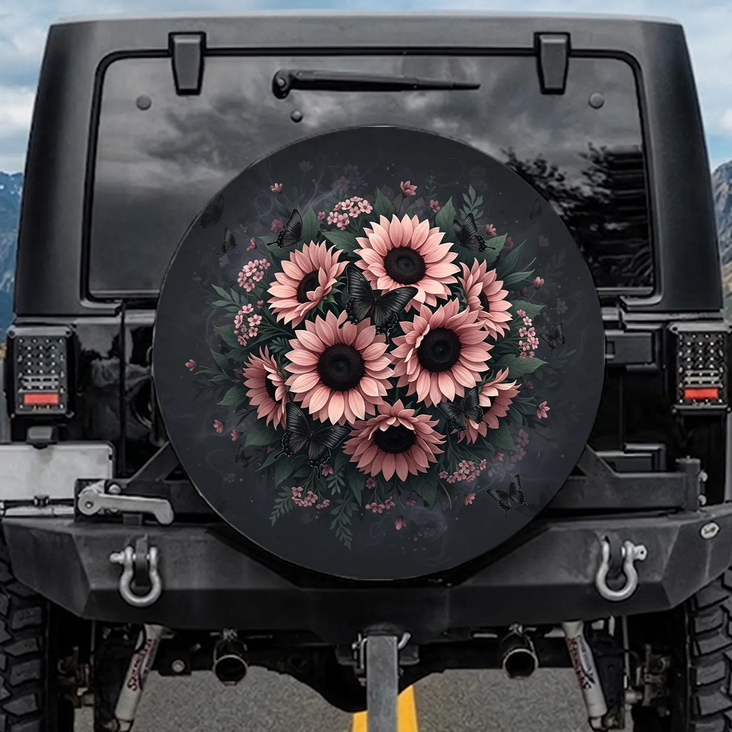 Rose Pink Large Sunflowers Black Butterflies Floral Home Decor Gift for Nature Lover Spare Tire Cover - 1