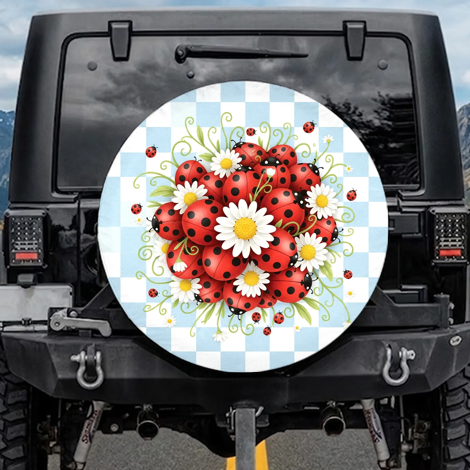 Red Ladybugs White Daisies Green Leaves Gingham Field - Spring Summer Home Decor Gift Spare Tire Cover - 1