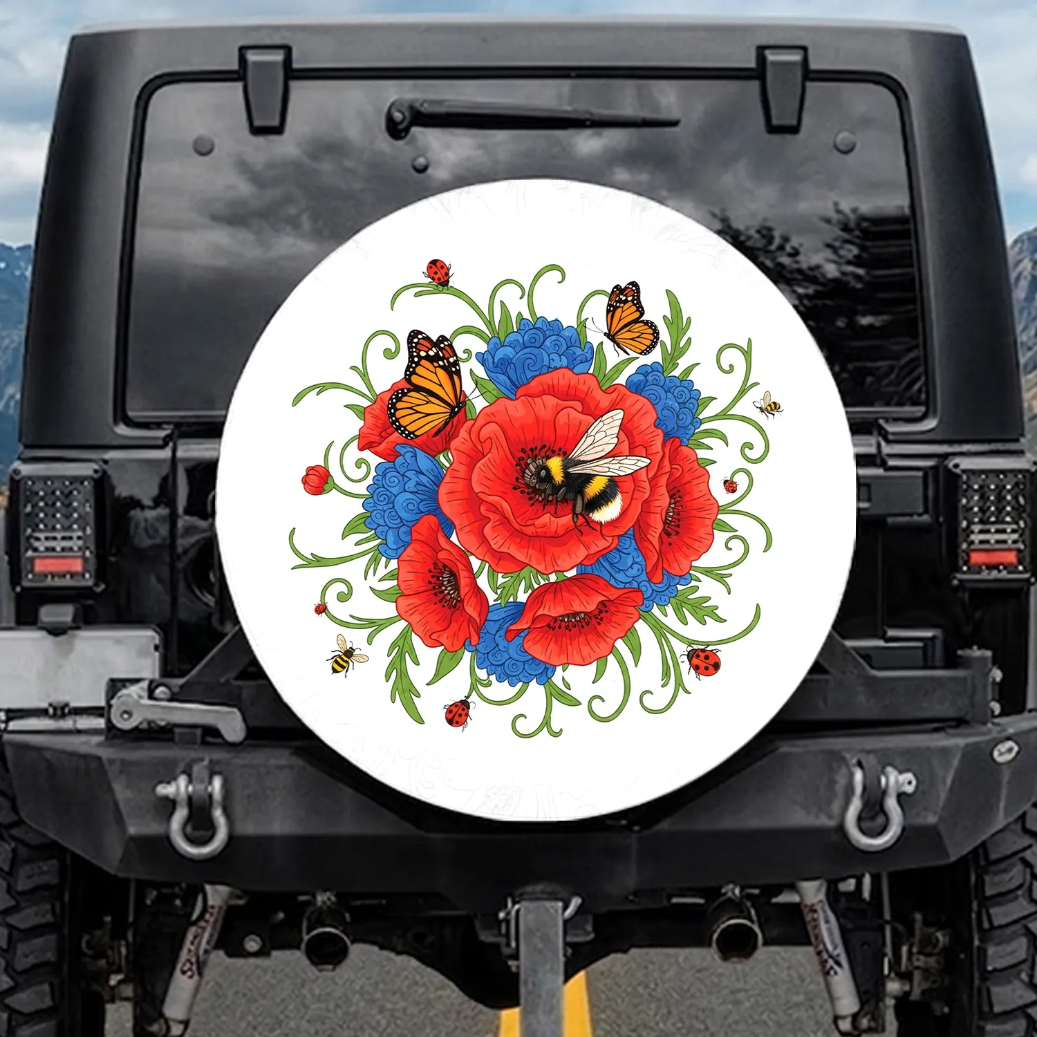 Red Poppies Monarch Butterflies Bumblebee Flowers - Wildlife Lover Gift Spare Tire Cover - 1