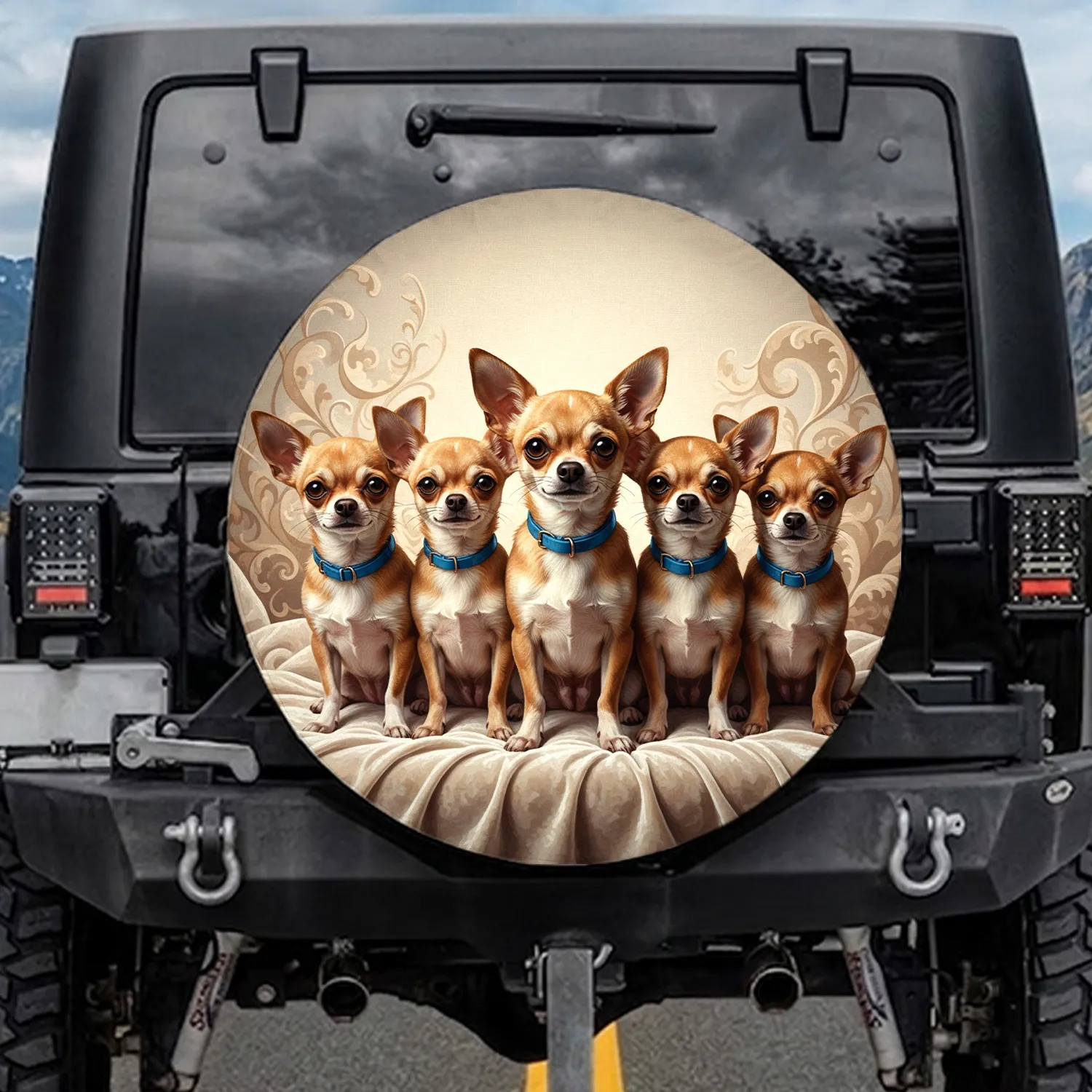 Group of Six Chihuahua Dogs Blue Collars Plush - Pet Owner Gift for Chihuahua Lovers Spare Tire Cover - 1