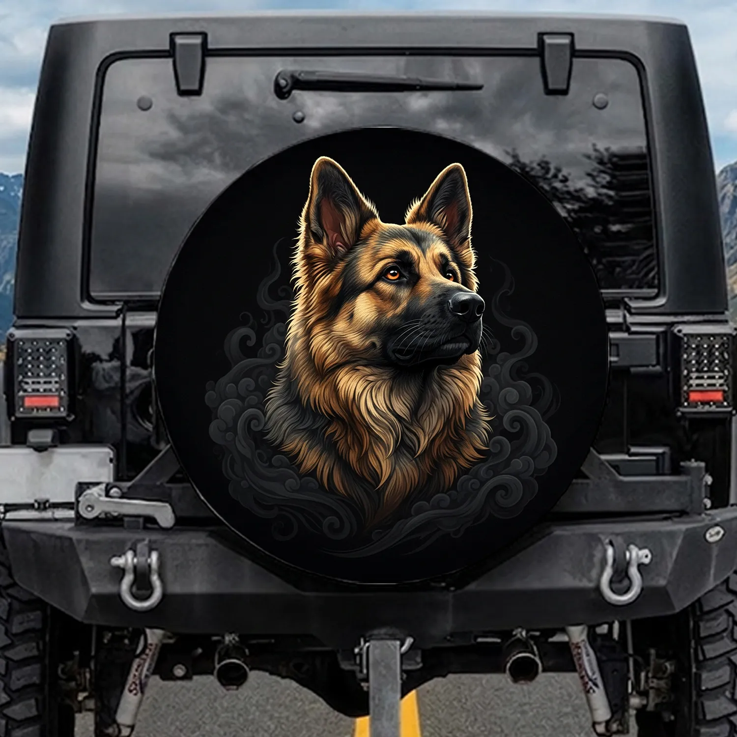 Majestic German Shepherd Dog Portrait - Intense Amber Eyes, Noble Stance - Dog Lover Gift Spare Tire Cover - 1
