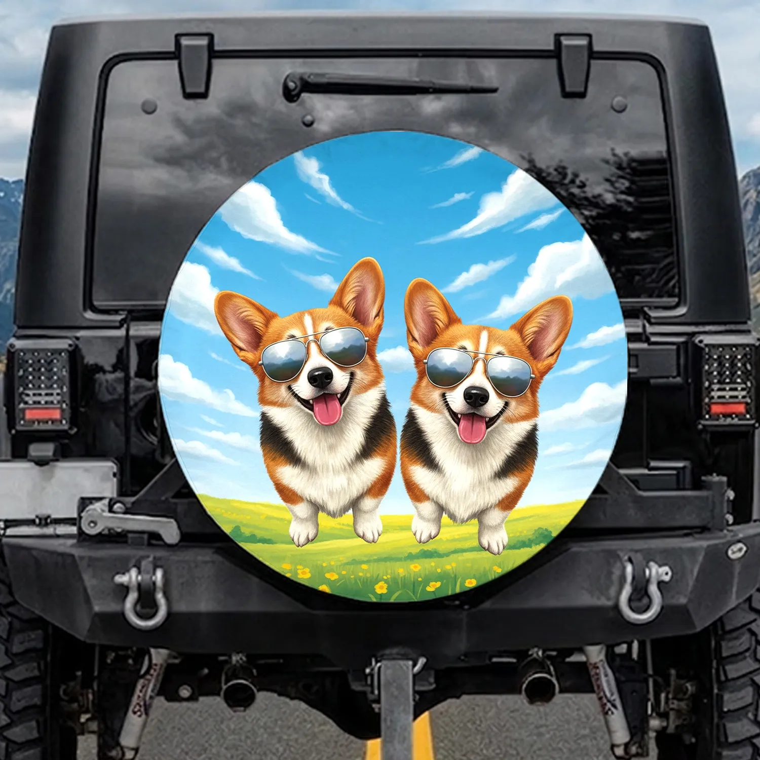 Happy Corgis Reflective Sunglasses Sunny Sky - Dog Lover Road Trip Gift Spare Tire Cover - 1