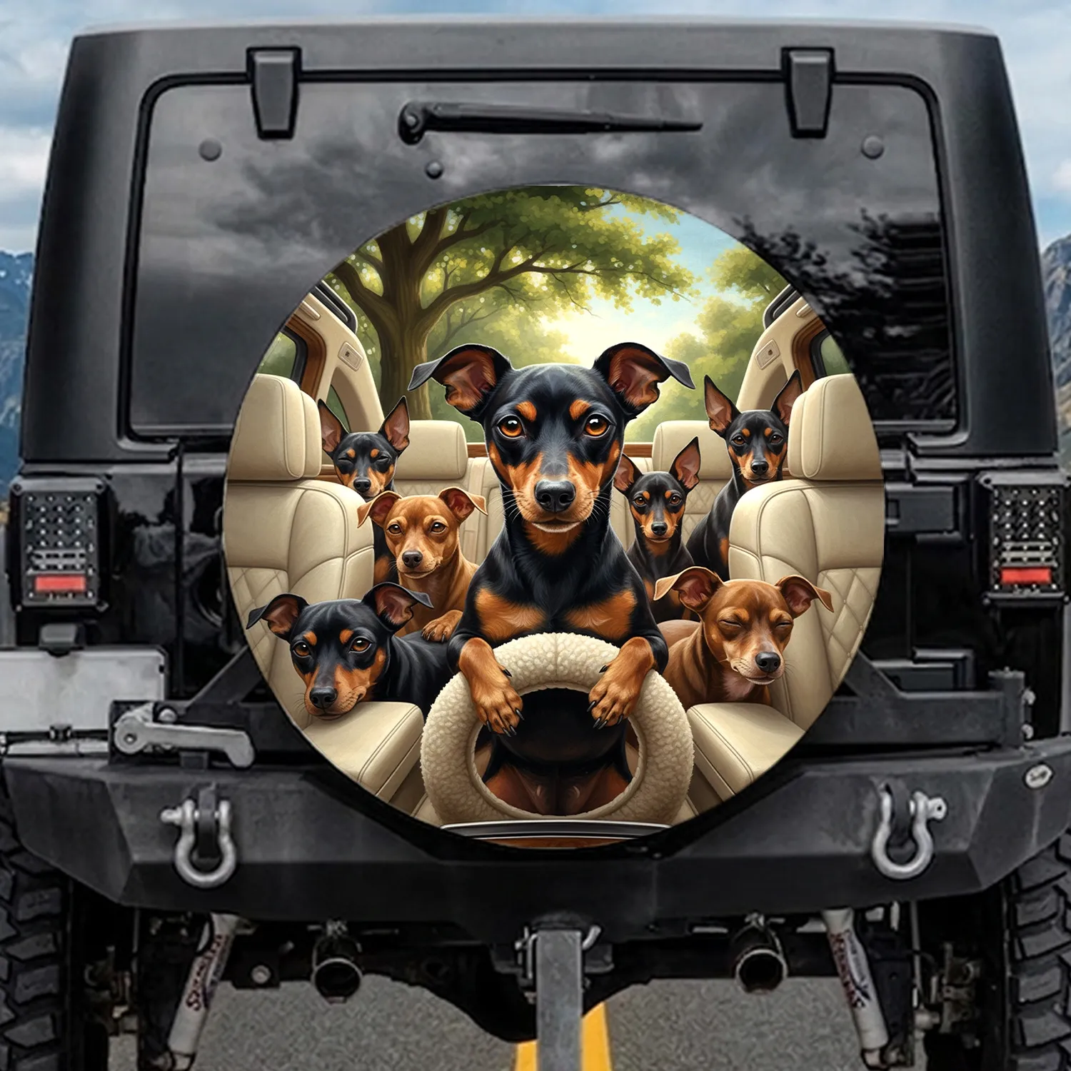 Miniature Pinscher Dogs Driving Car Ride - Adventure Travel Gift for Dog Lovers Spare Tire Cover - 1