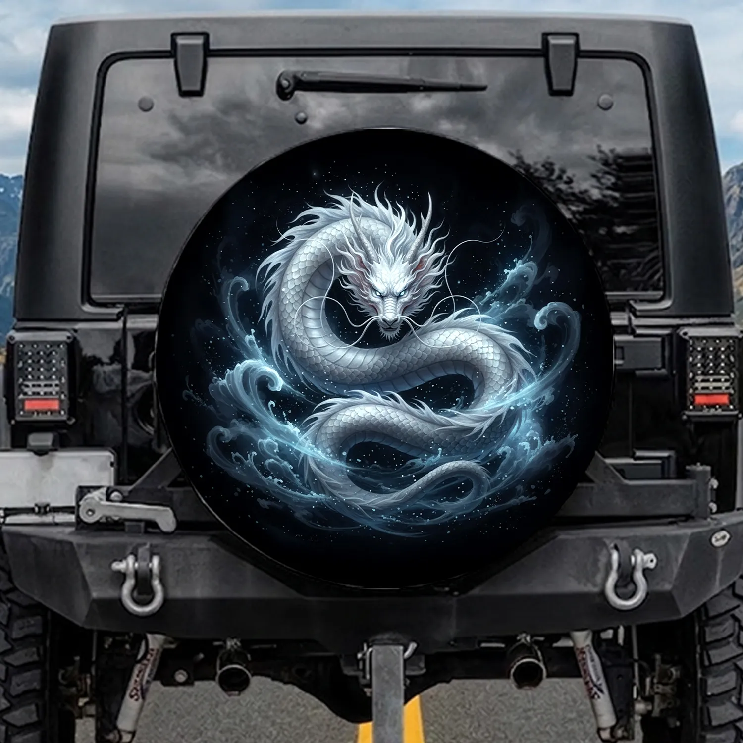 White Eastern Dragon Coiled Serpent - Ancient Mythology Lover Gift Spare Tire Cover - 1