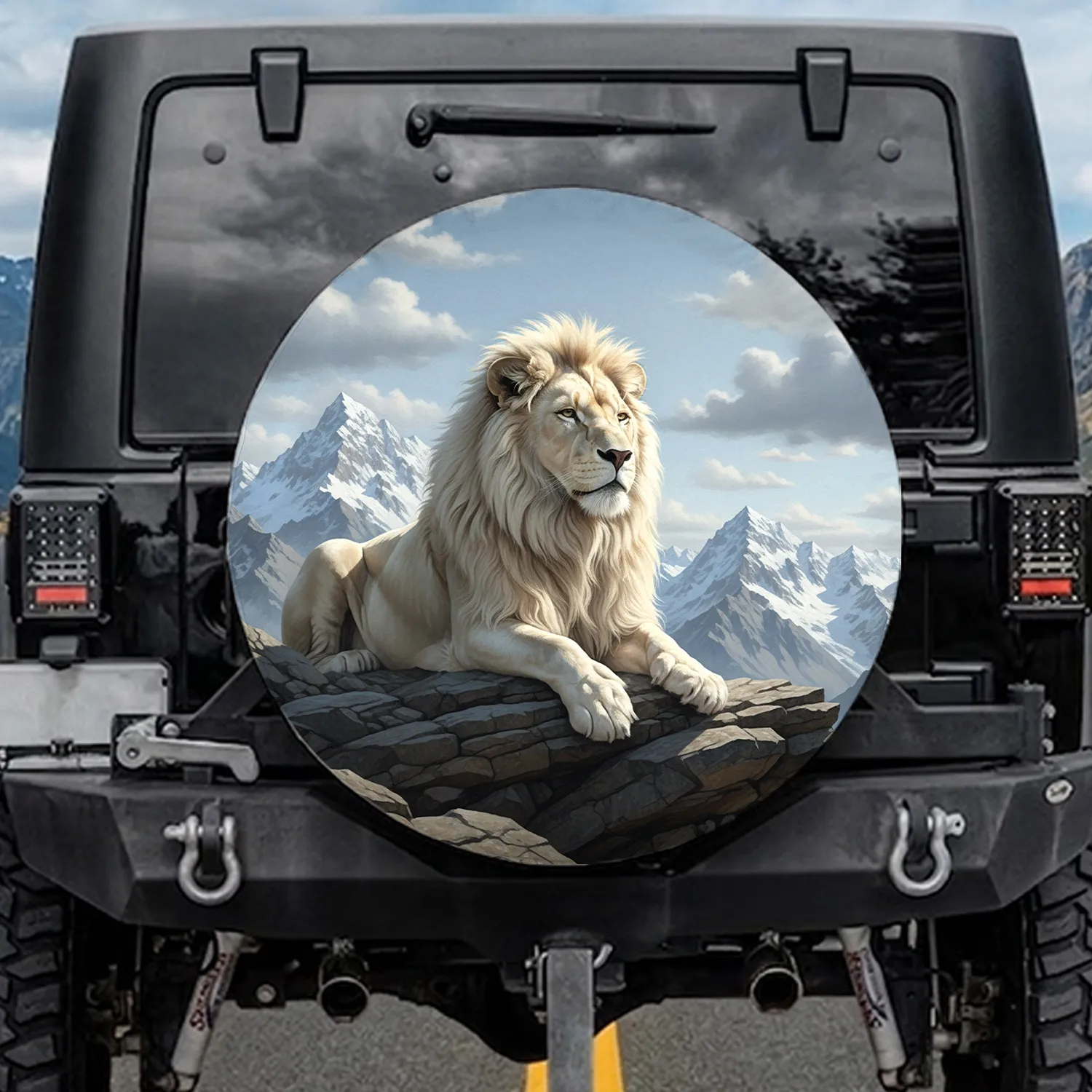 Majestic White Lion Flowing Mane Rugged Rocks Snowy Mountains Dramatic Clouds - Wildlife Lover Gift Spare Tire Cover - 1
