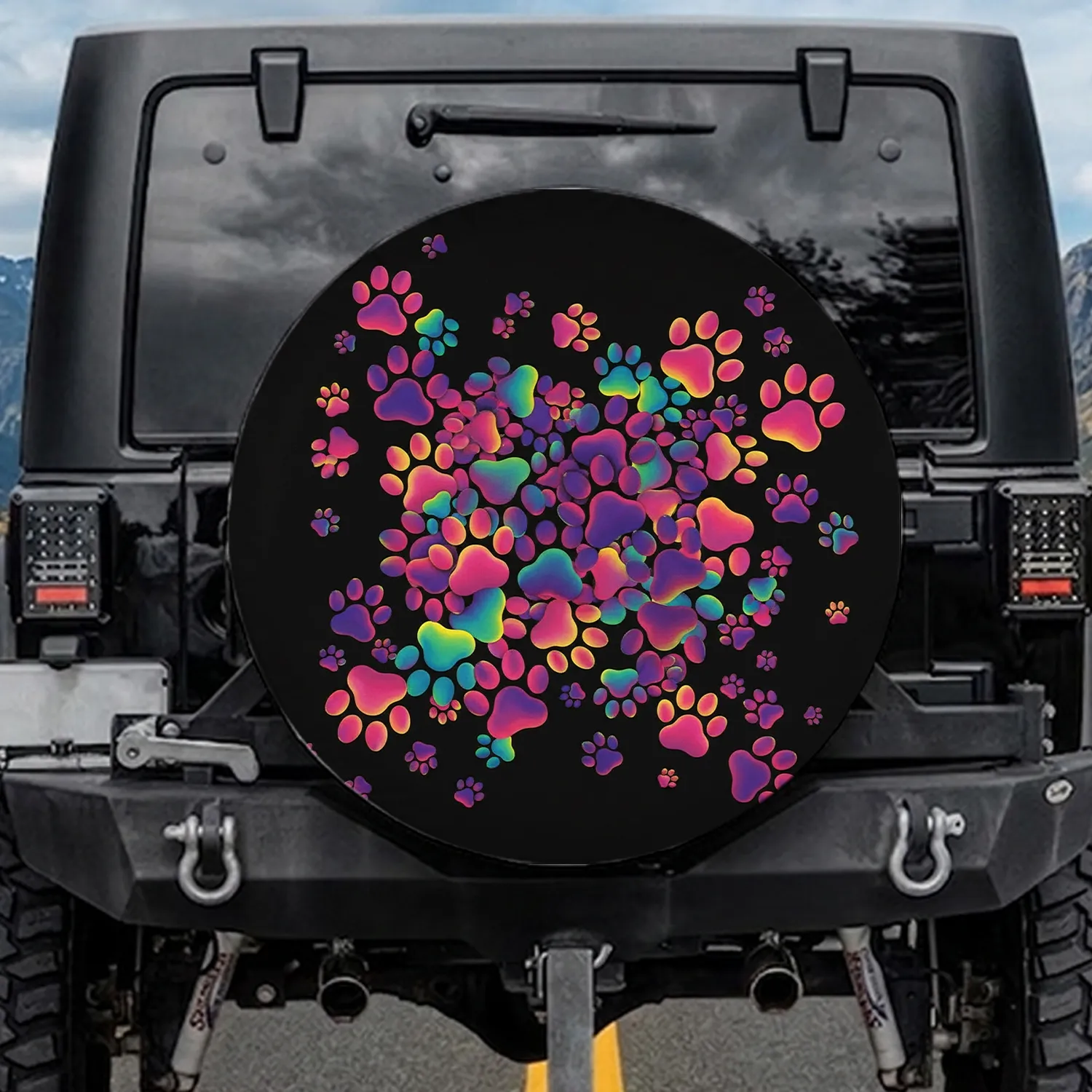 Vibrant Gradient Paw Prints Black Background - Pet Lover Everyday Car Accessory Spare Tire Cover - 1
