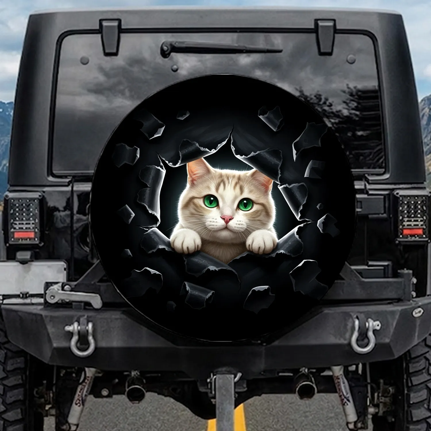 Curious Cat Peeking Torn Dark Void - Cat Lover Home Decor Gift Spare Tire Cover - 1