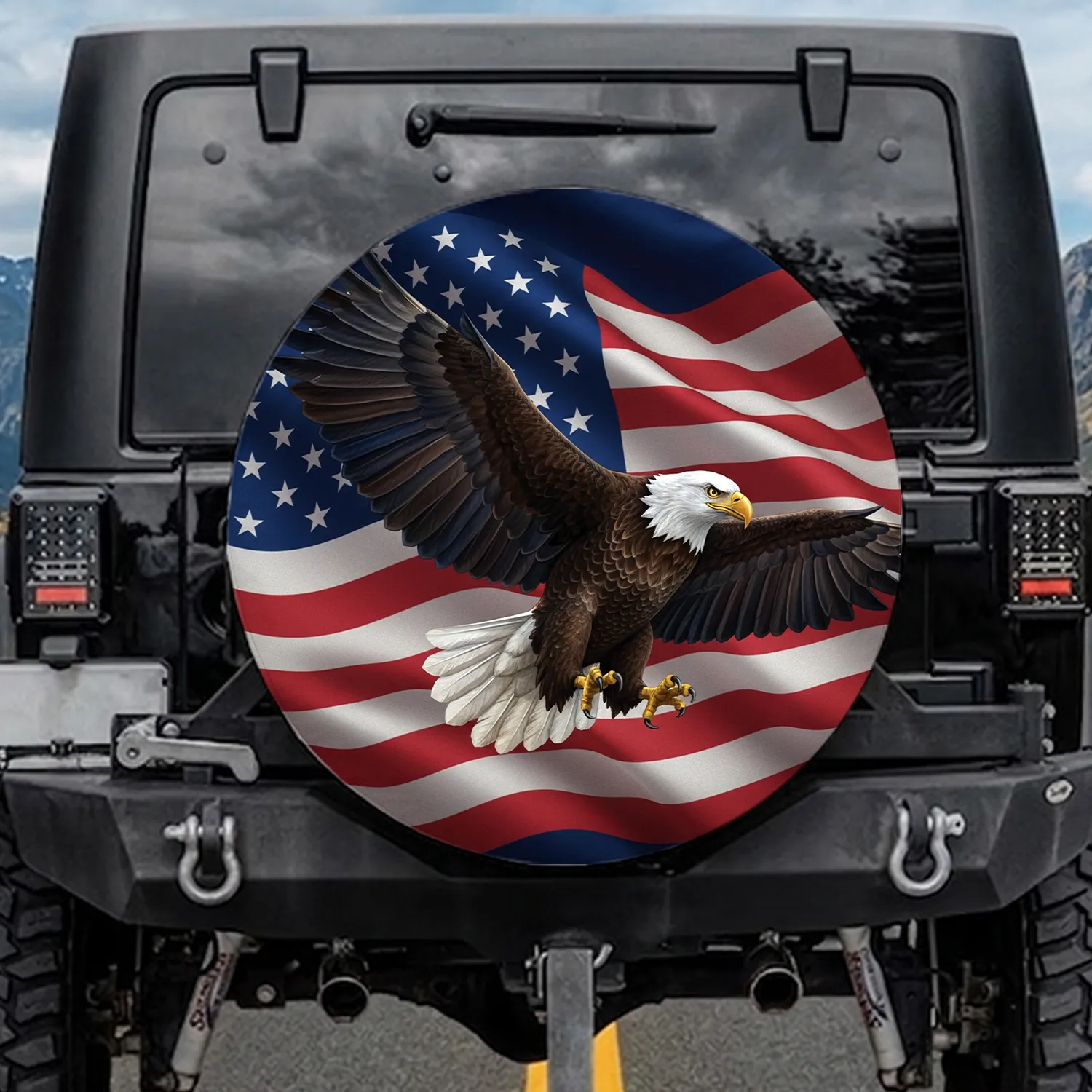 Majestic Soaring Bald Eagle Flowing American Flag - Independence Day Patriotic Gift Spare Tire Cover - 1