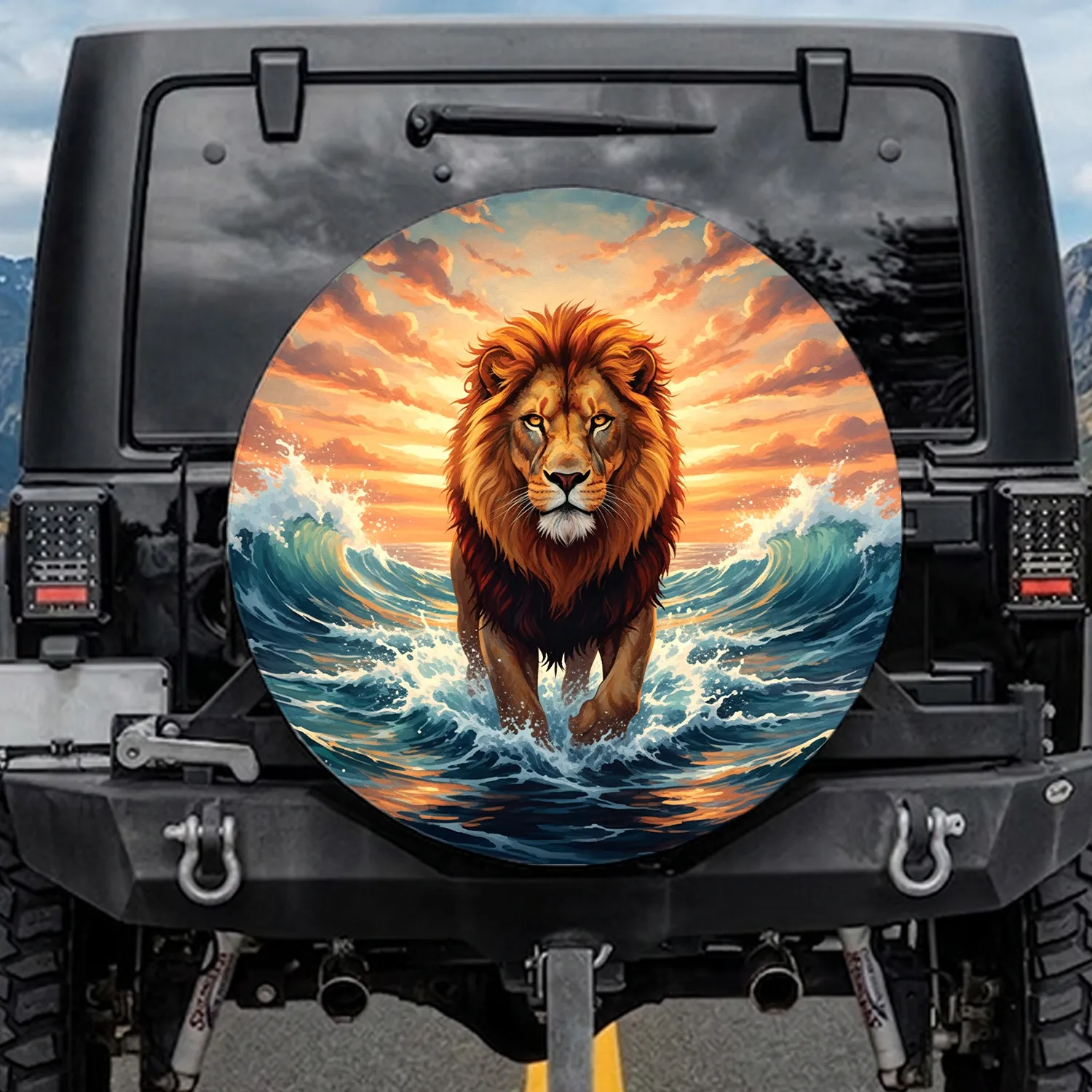 Majestic Lion Ocean Waves Sunset - Outdoor Adventure Wildlife Lover Gift Spare Tire Cover - 1