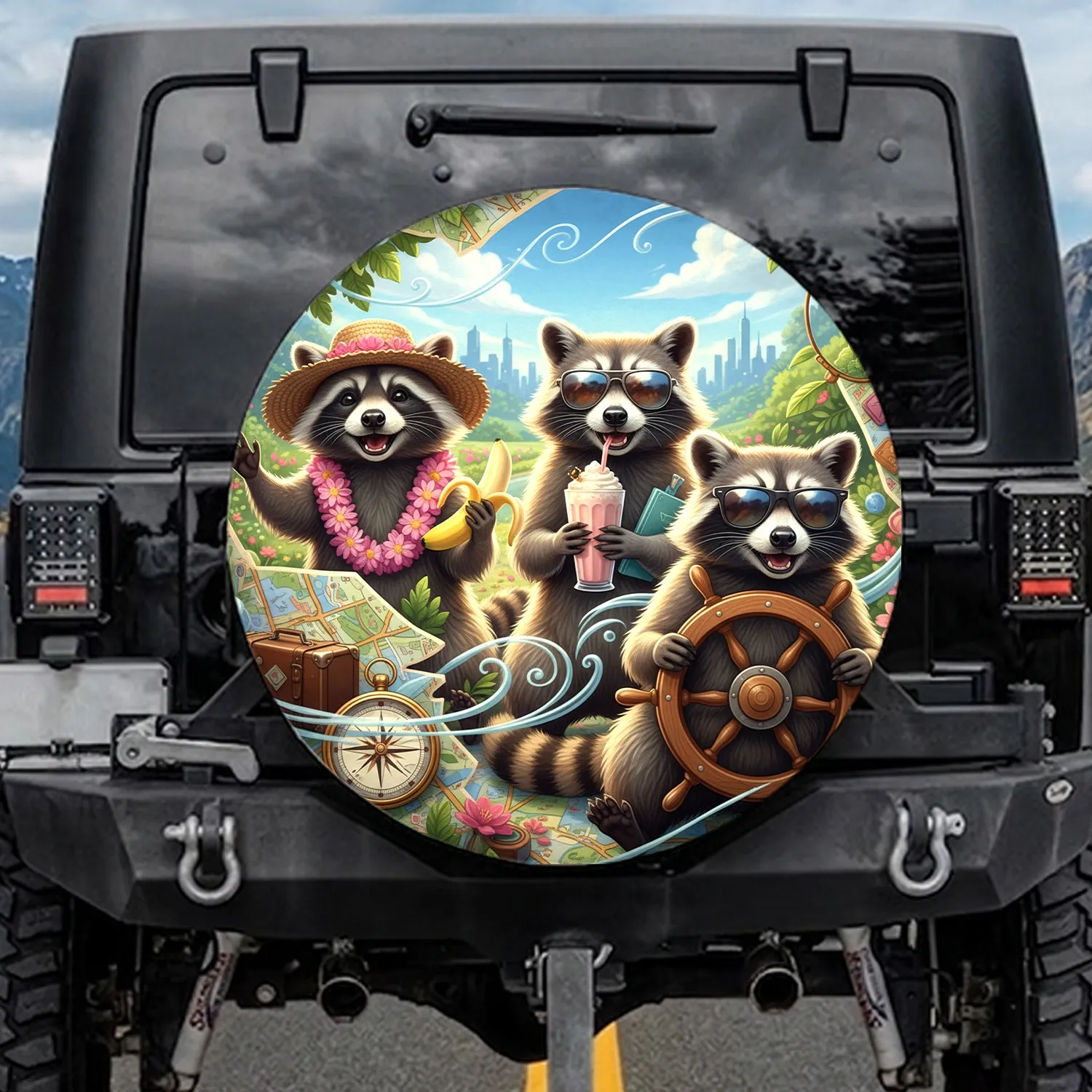 Raccoons Driving Steering Wheel Road Trip - Wildlife Traveler Lifestyle Gift Spare Tire Cover - 1