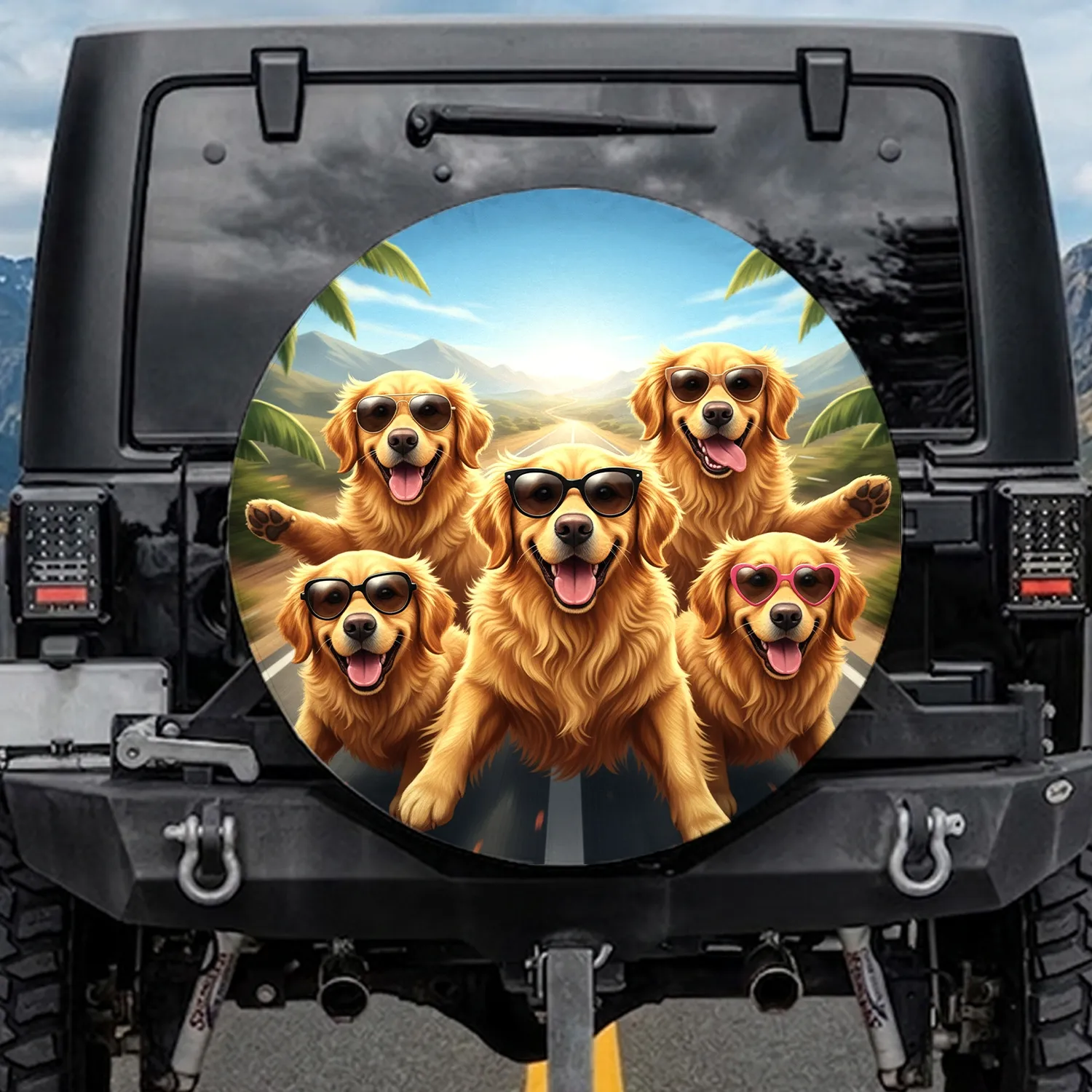 Golden Retrievers Sunglasses Road Trip Palm Fronds - Dog Lover Travel Gift Spare Tire Cover - 1