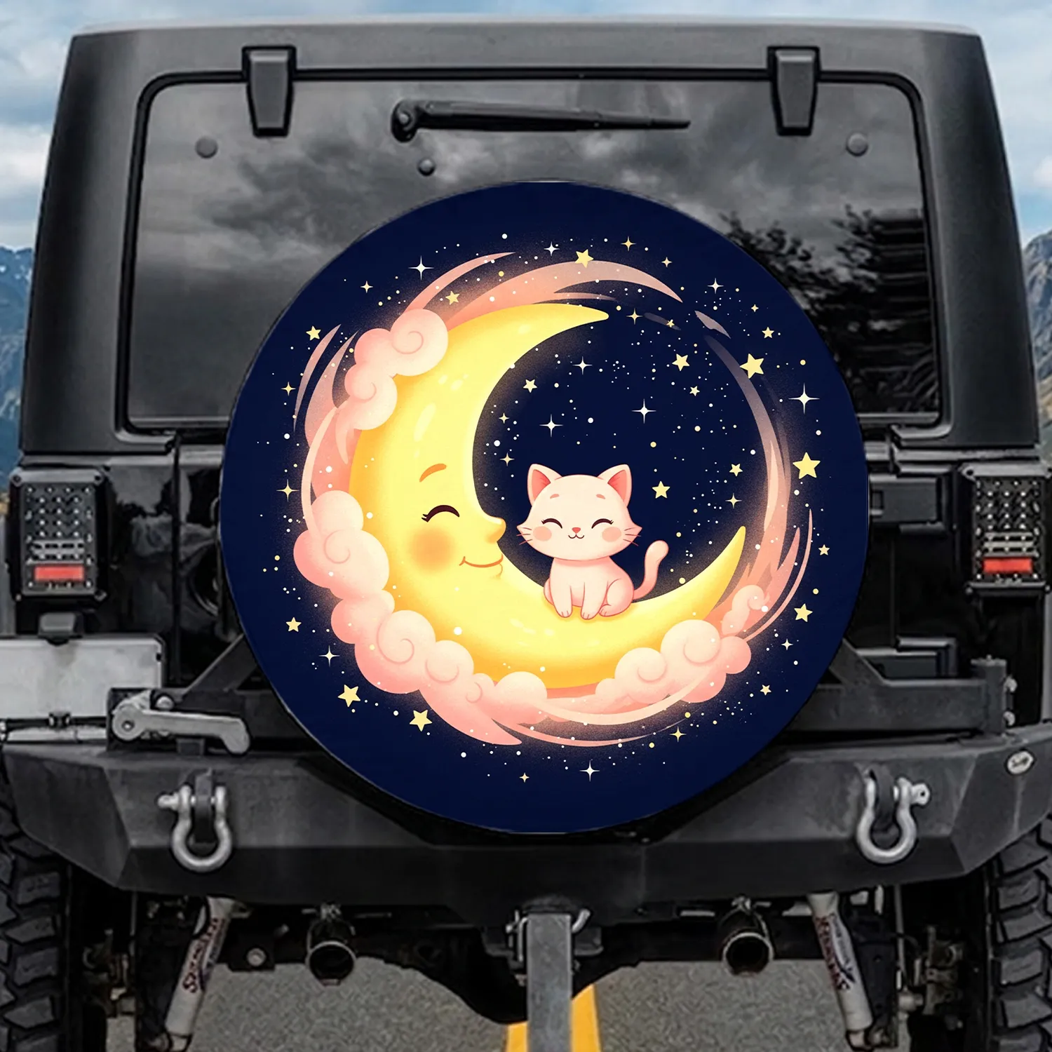 Cute Cat Smiling Moon Pink Clouds Stars - Celestial Lover Gift for Cat Lover Spare Tire Cover - 1