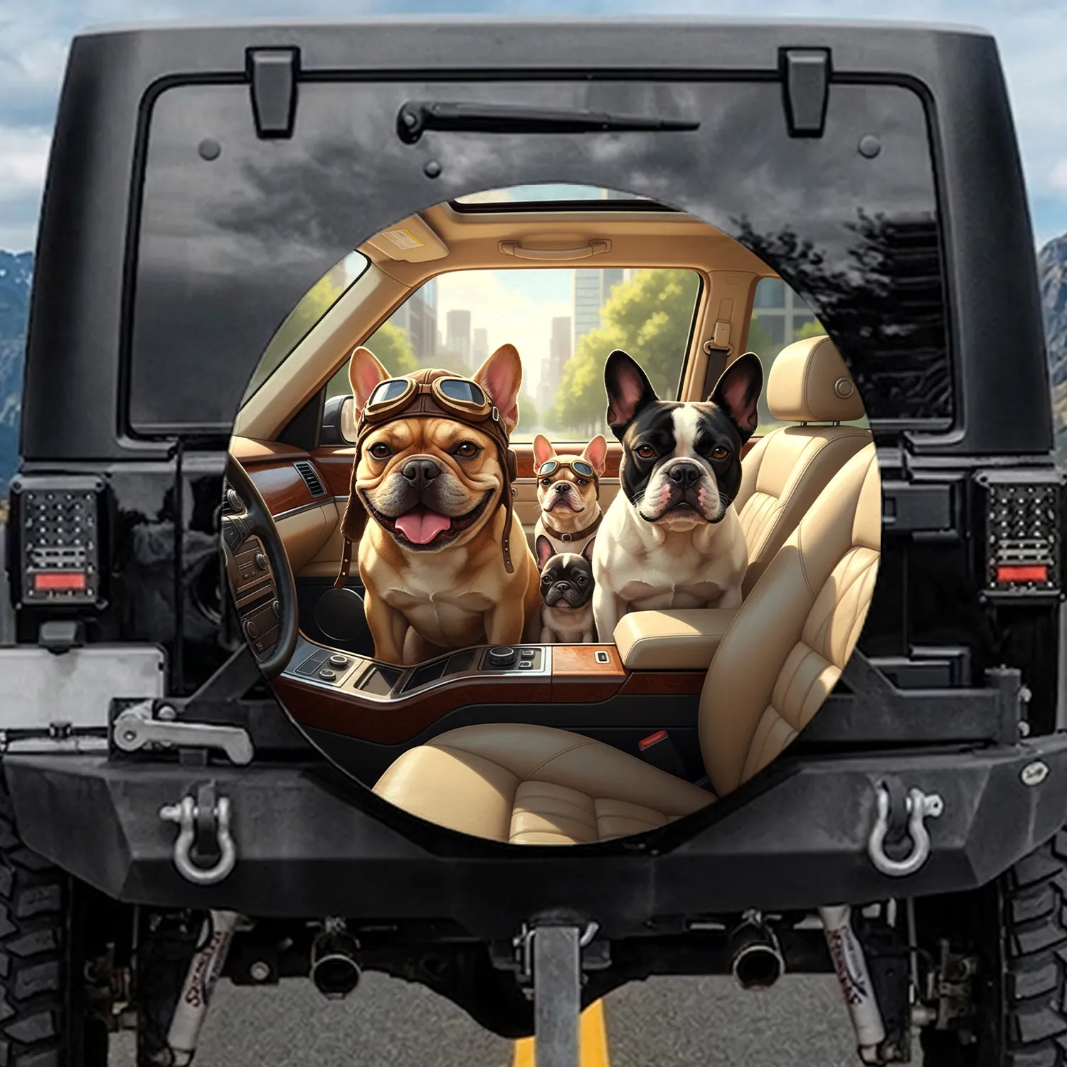French Bulldogs Pilot Aviator Goggles Urban Landscape - Travel Essentials Dog Lover Gift Spare Tire Cover - 1