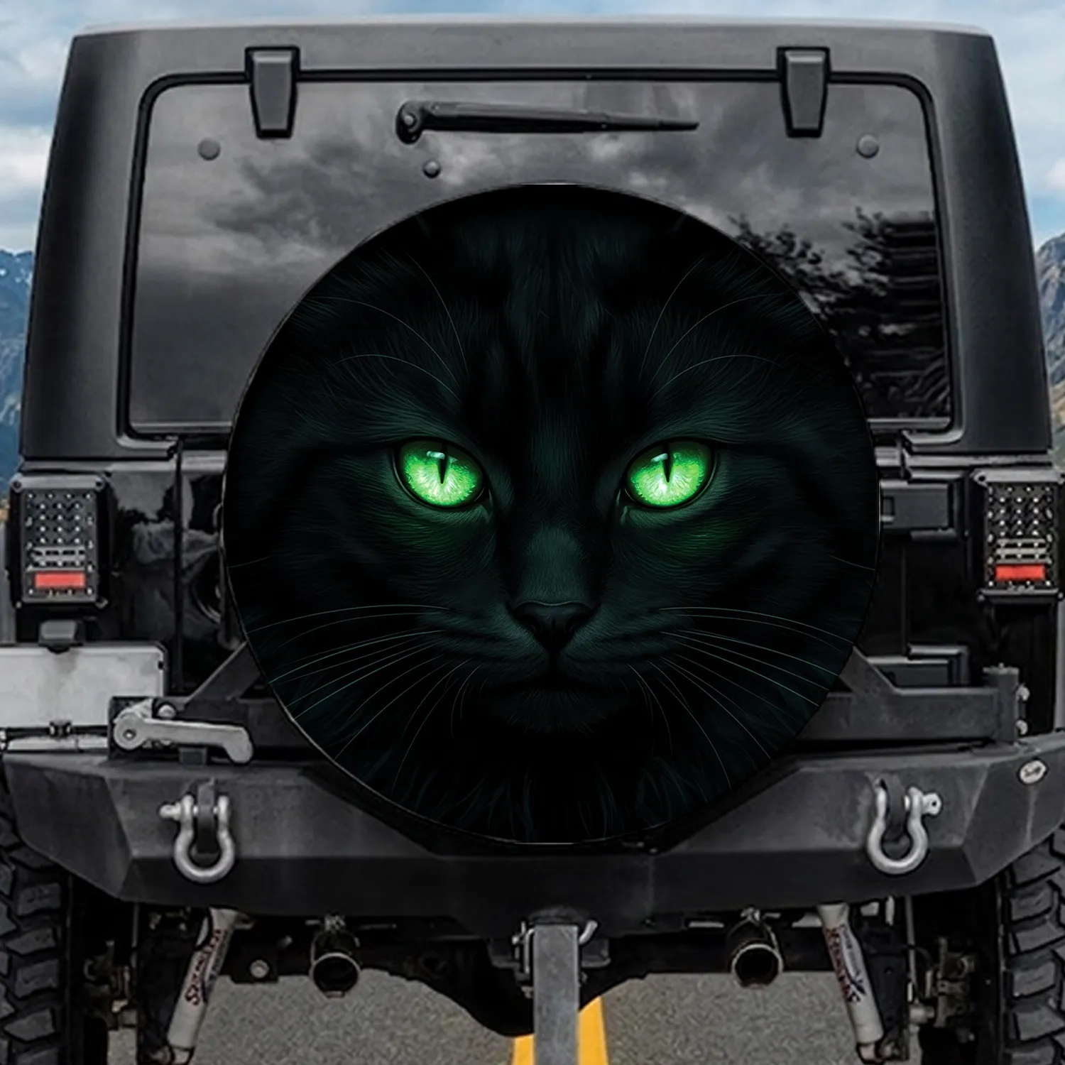 Glowing Emerald Cat Eyes Black Feline Fur - Wildlife Lover Gift Spare Tire Cover - 1