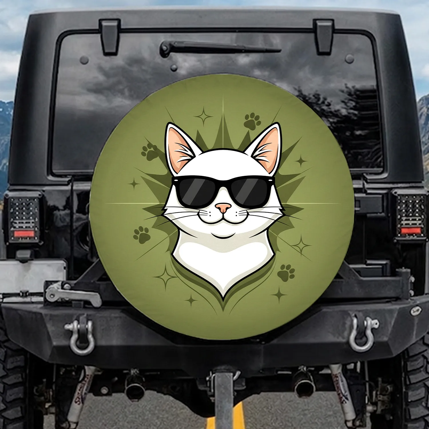 White Cat Black Sunglasses Paw Prints - Cat Lover Driver Gift Spare Tire Cover - 1