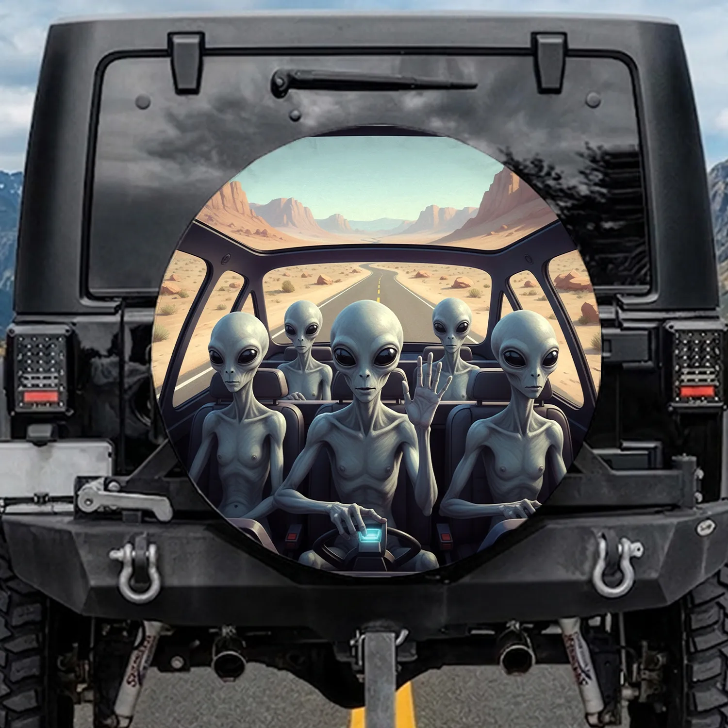 Grey Aliens Cruising Futuristic Vehicle Desert Highway - Sci-Fi Lover Gift Spare Tire Cover - 1