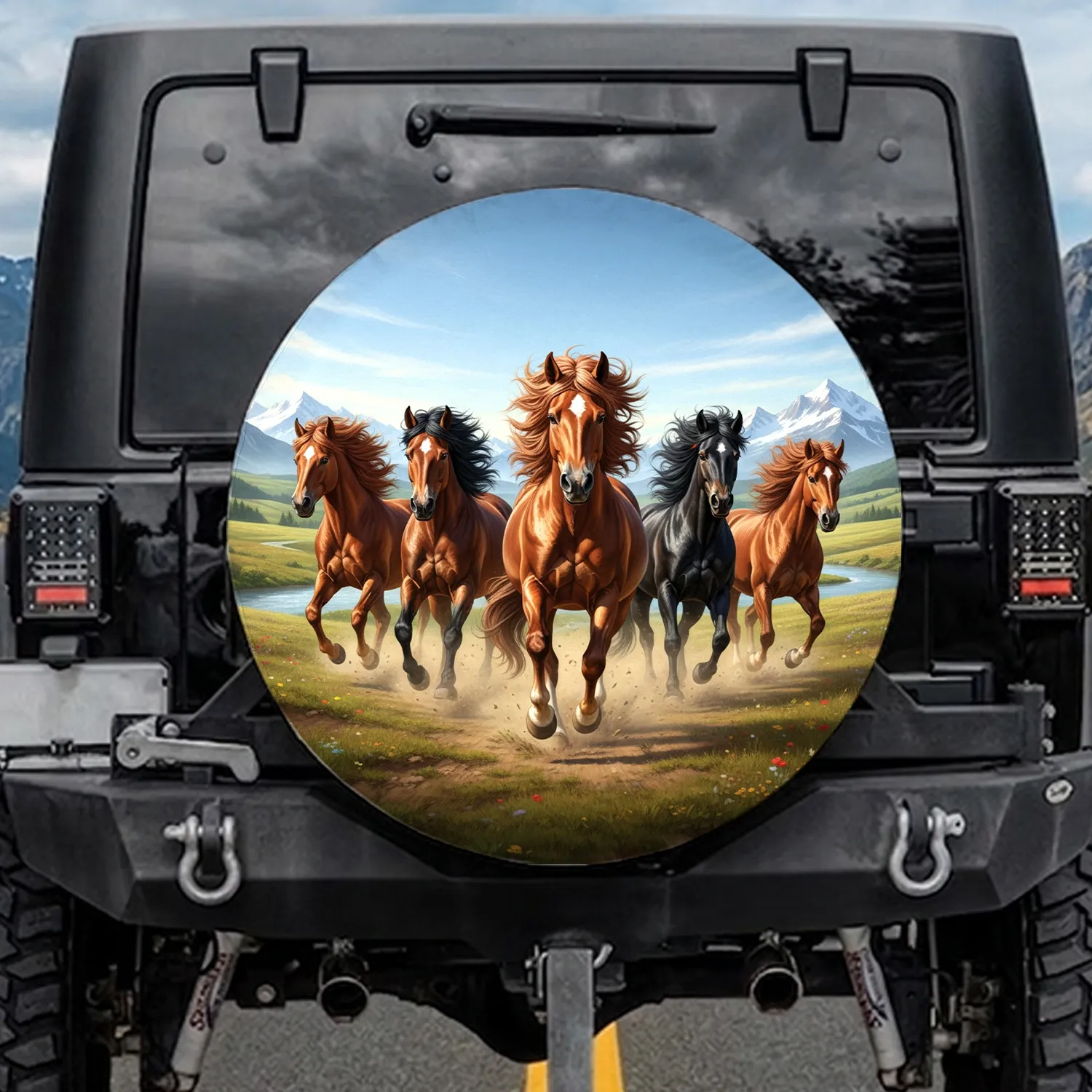 Galloping Wild Horses Grassland Landscape - Outdoor Adventure Decor Spare Tire Cover - 1