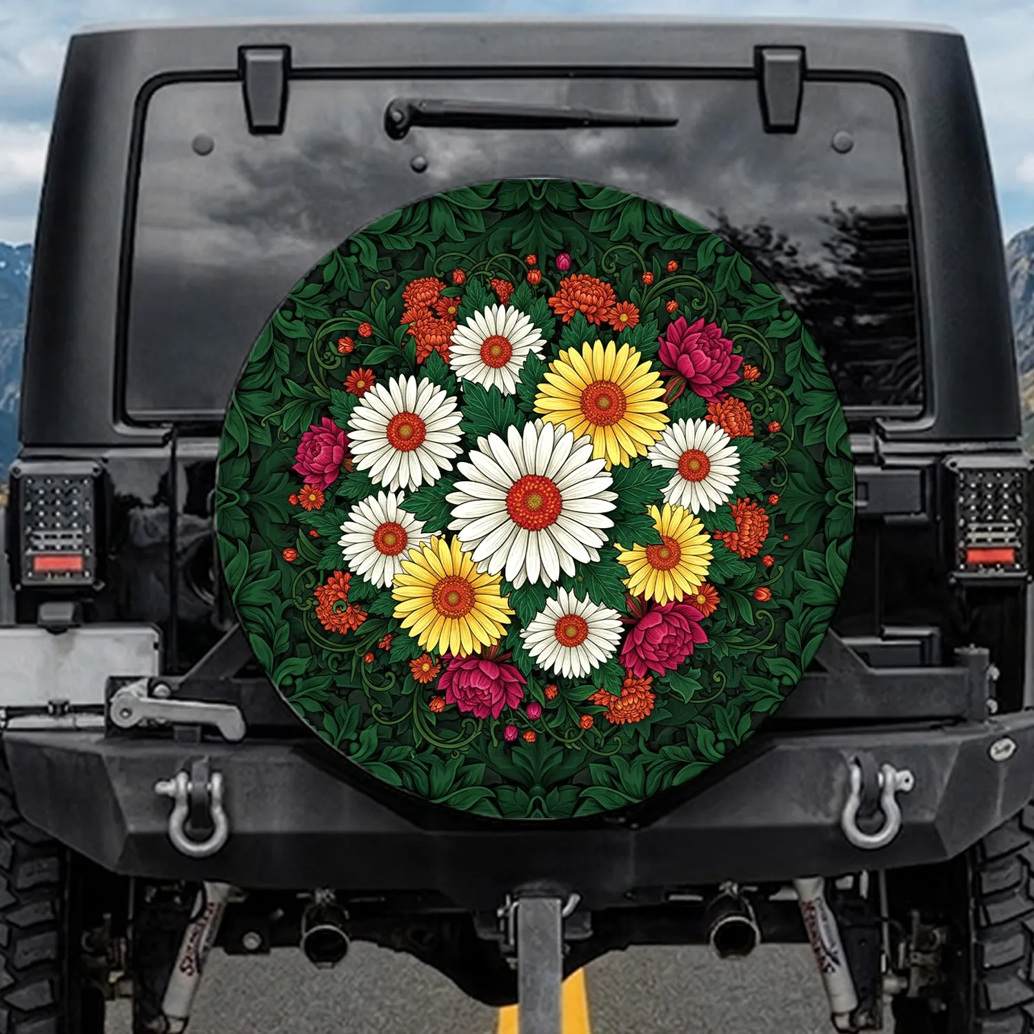 White Golden Gerbera Daisies Chrysanthemum Blossoms - Outdoor Decor Flower Lover Gift Spare Tire Cover - 1