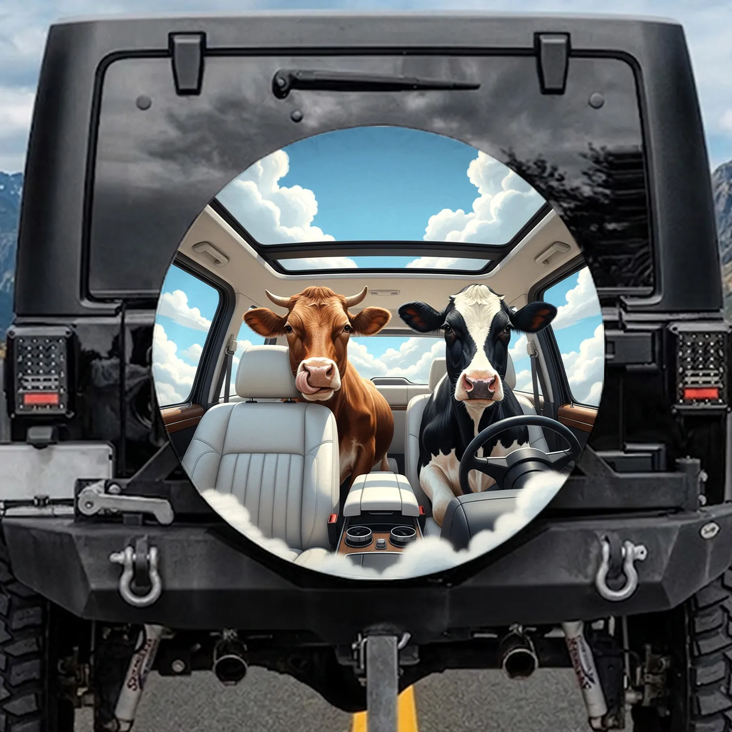 Brown Holstein Cows Driving Luxury Vehicle Interior Blue Sky - Cow Lover Gift Spare Tire Cover - 1