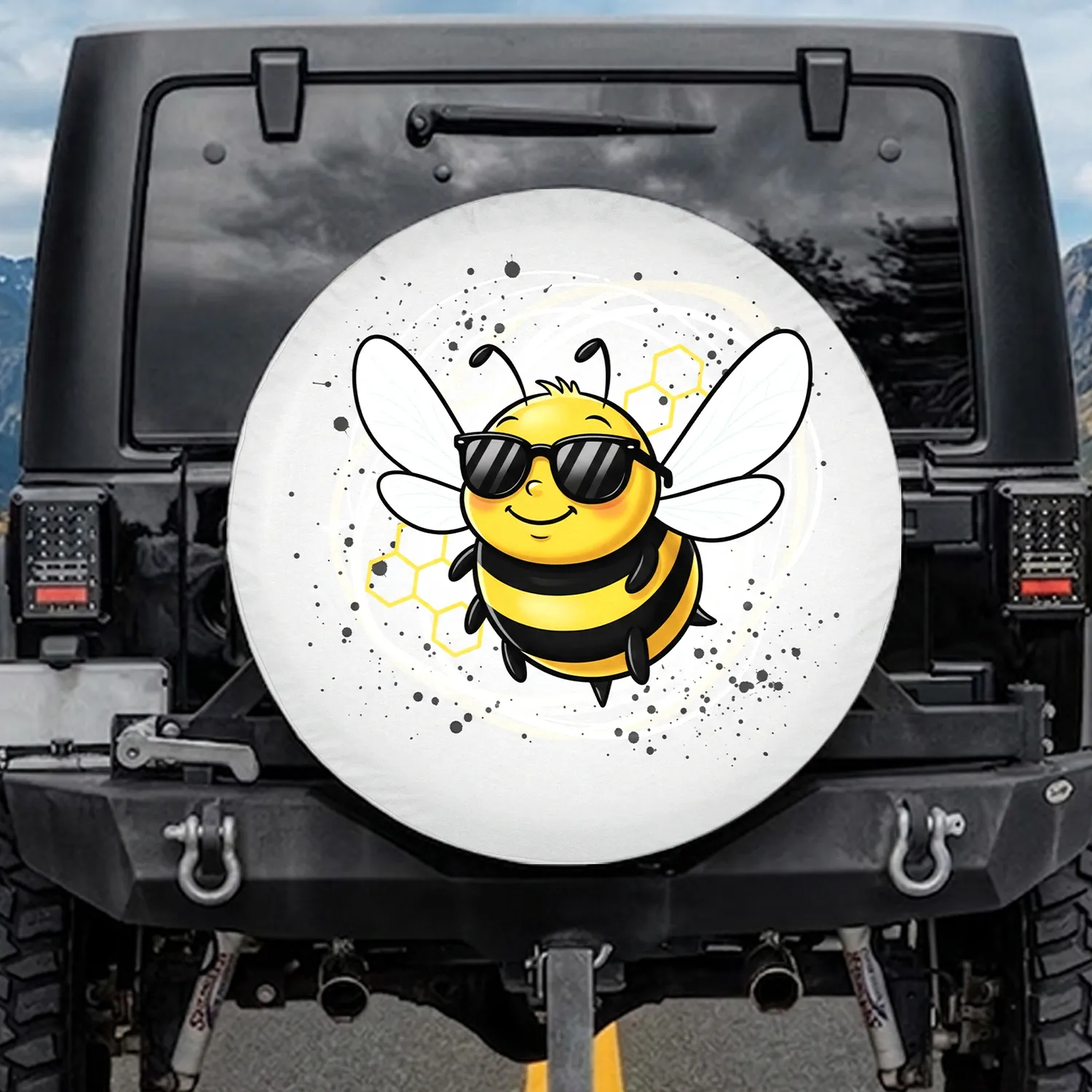 Smiling Cartoon Bee Sunglasses Honeycomb - Everyday Bee Lover Gift Spare Tire Cover - 1