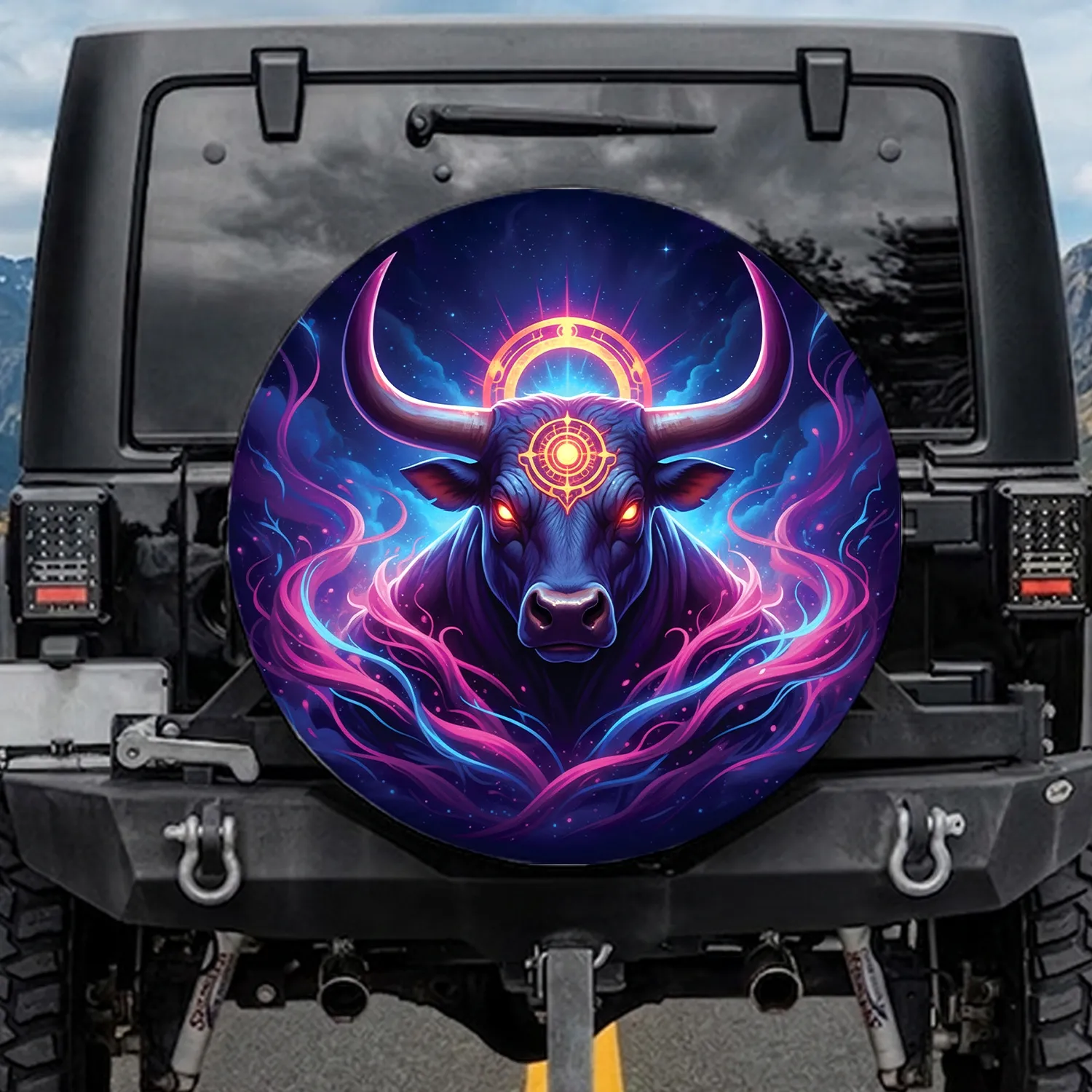 Bull Head Strong Horns Celestial Disc Cosmic Nebula - Wildlife Lover Gift Spare Tire Cover - 1