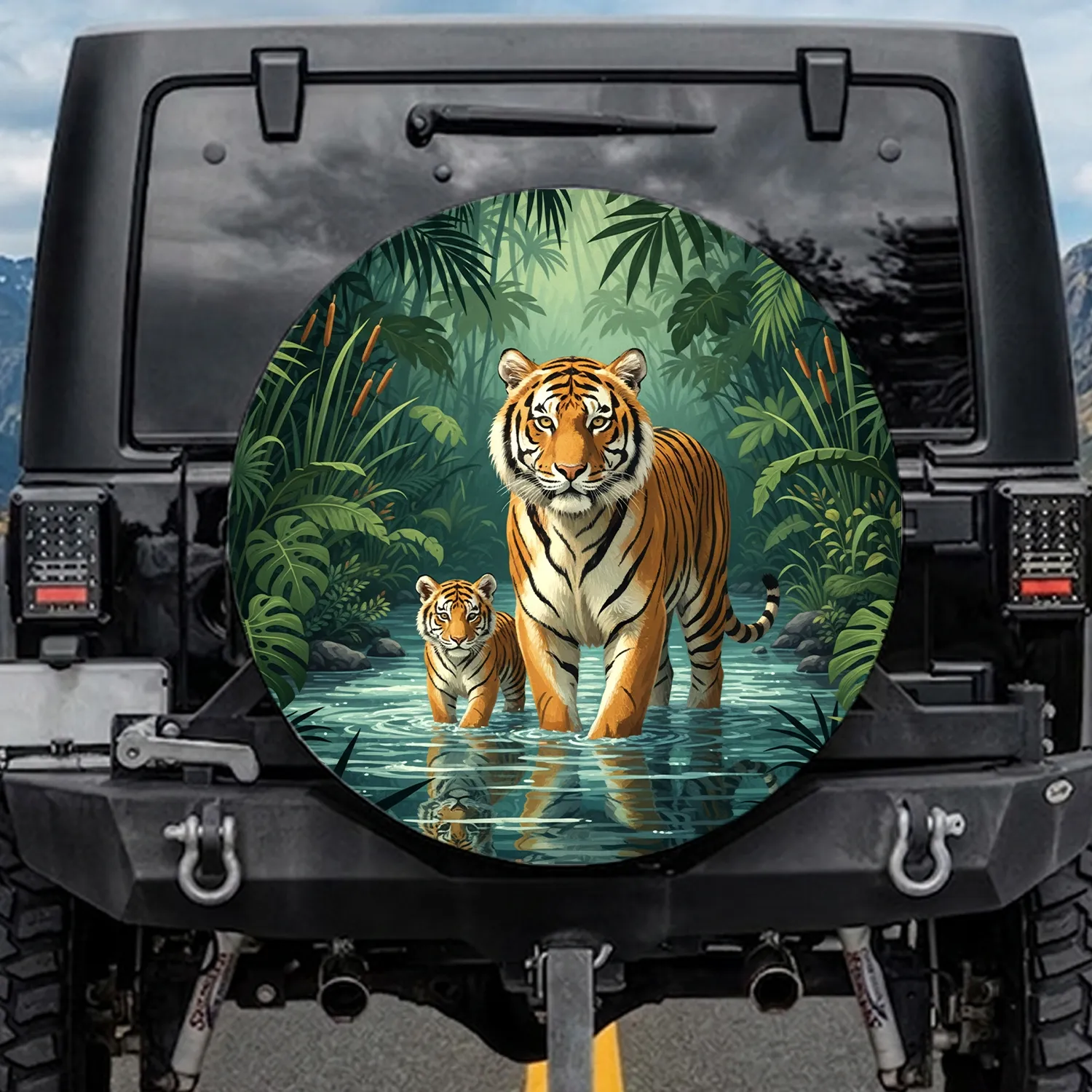 Majestic Tiger and Cub Wading Water Tropical Jungle Wildlife Lover Gift Spare Tire Cover - 1