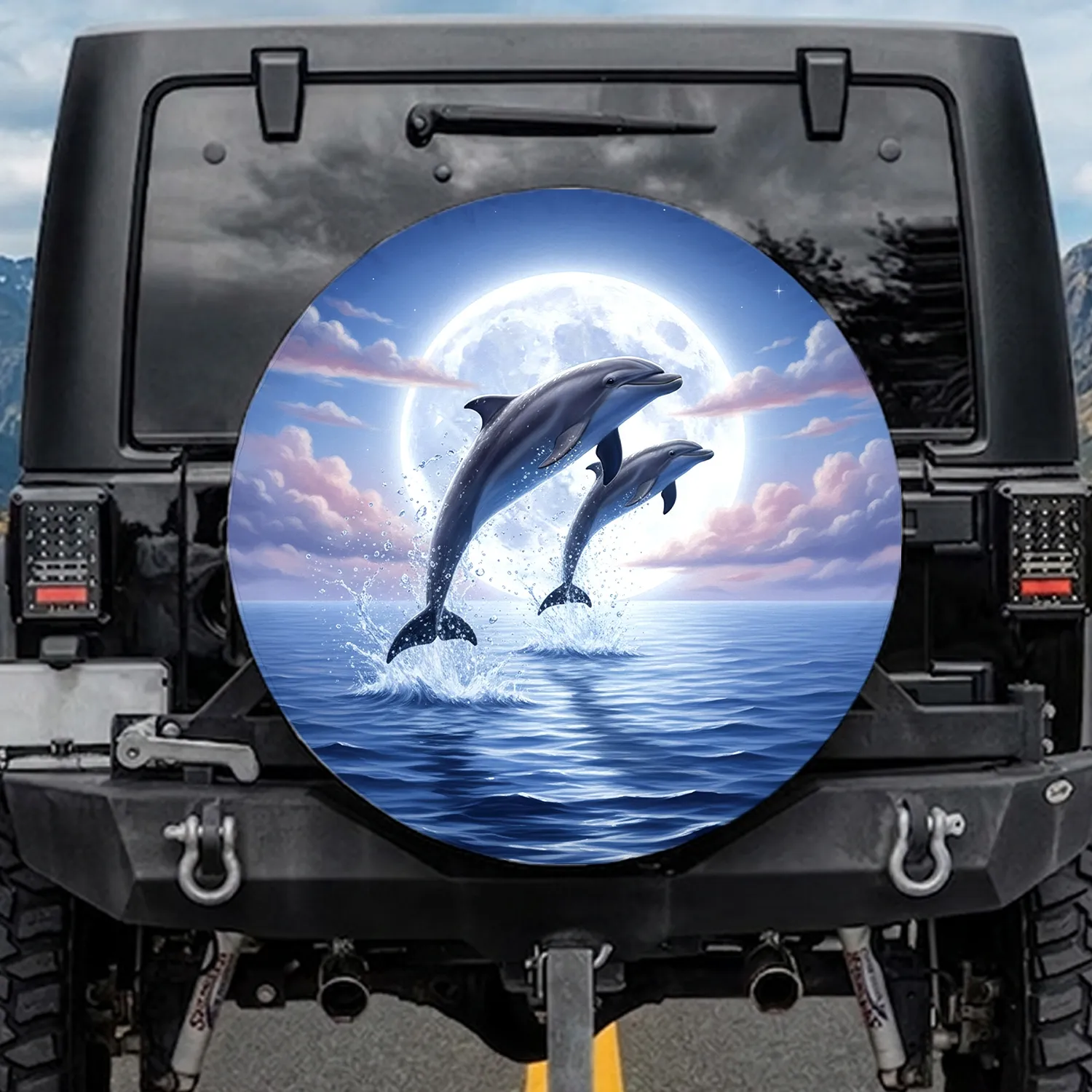 Majestic Dolphins Leaping Full Moon Stars - Ocean Lover Gift Spare Tire Cover - 1