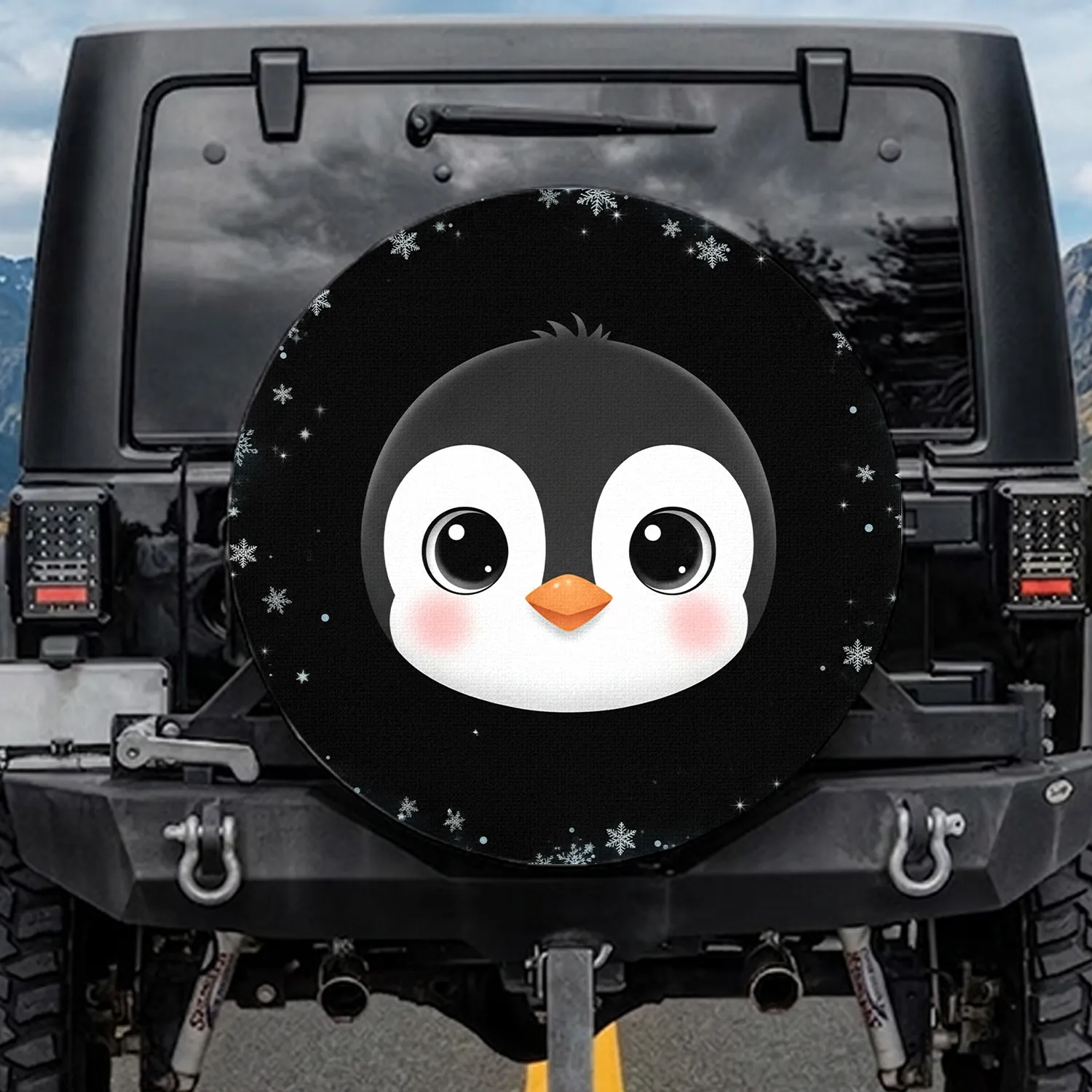 Cartoon Penguin Face Massive Eyes Snowflakes - Ice Crystals Arctic Wildlife Lover Gift Spare Tire Cover - 1