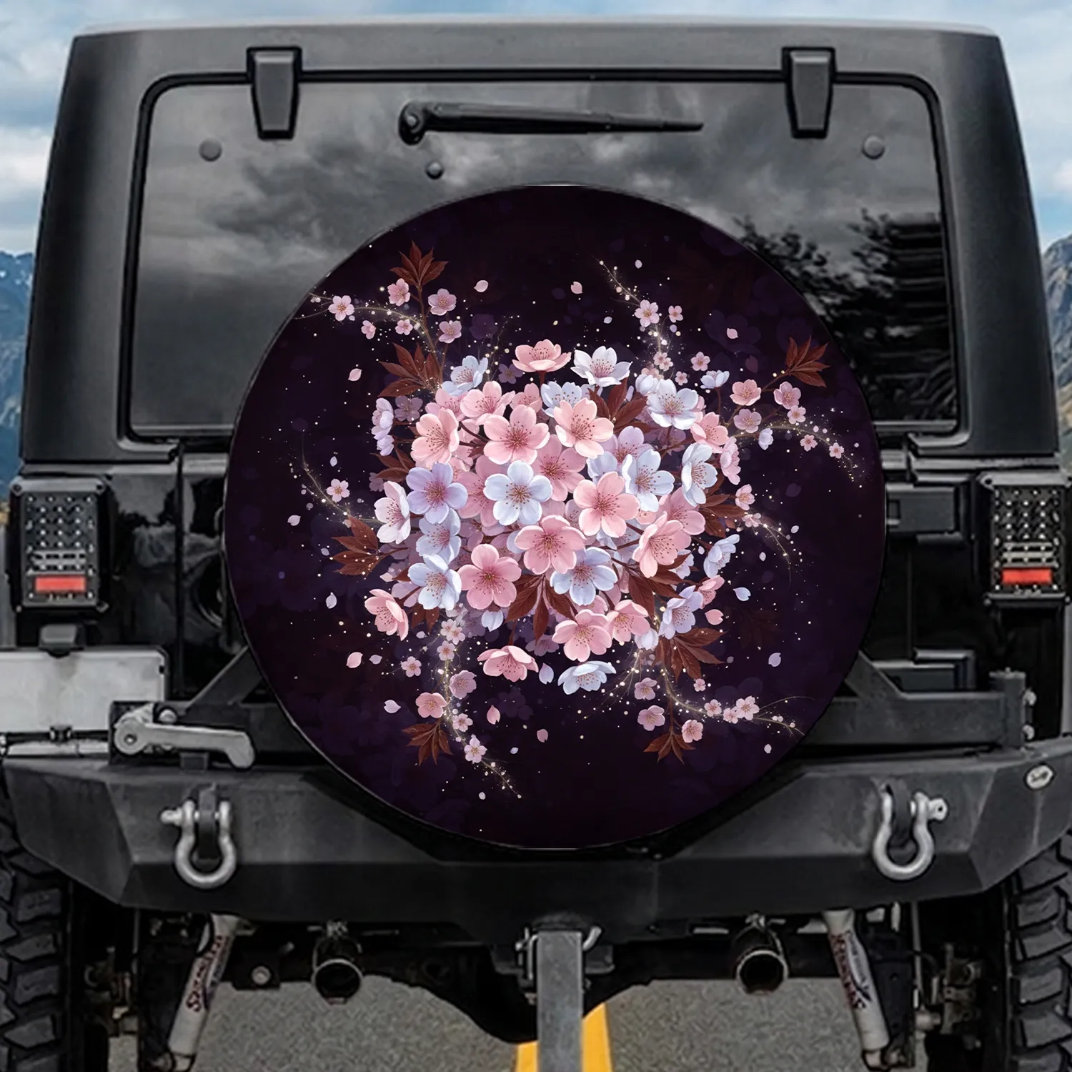 Night Bloom Sakura Floral Dark Leaves Luminous Gold Sparkle - Road Trip Accessory Spare Tire Cover - 1