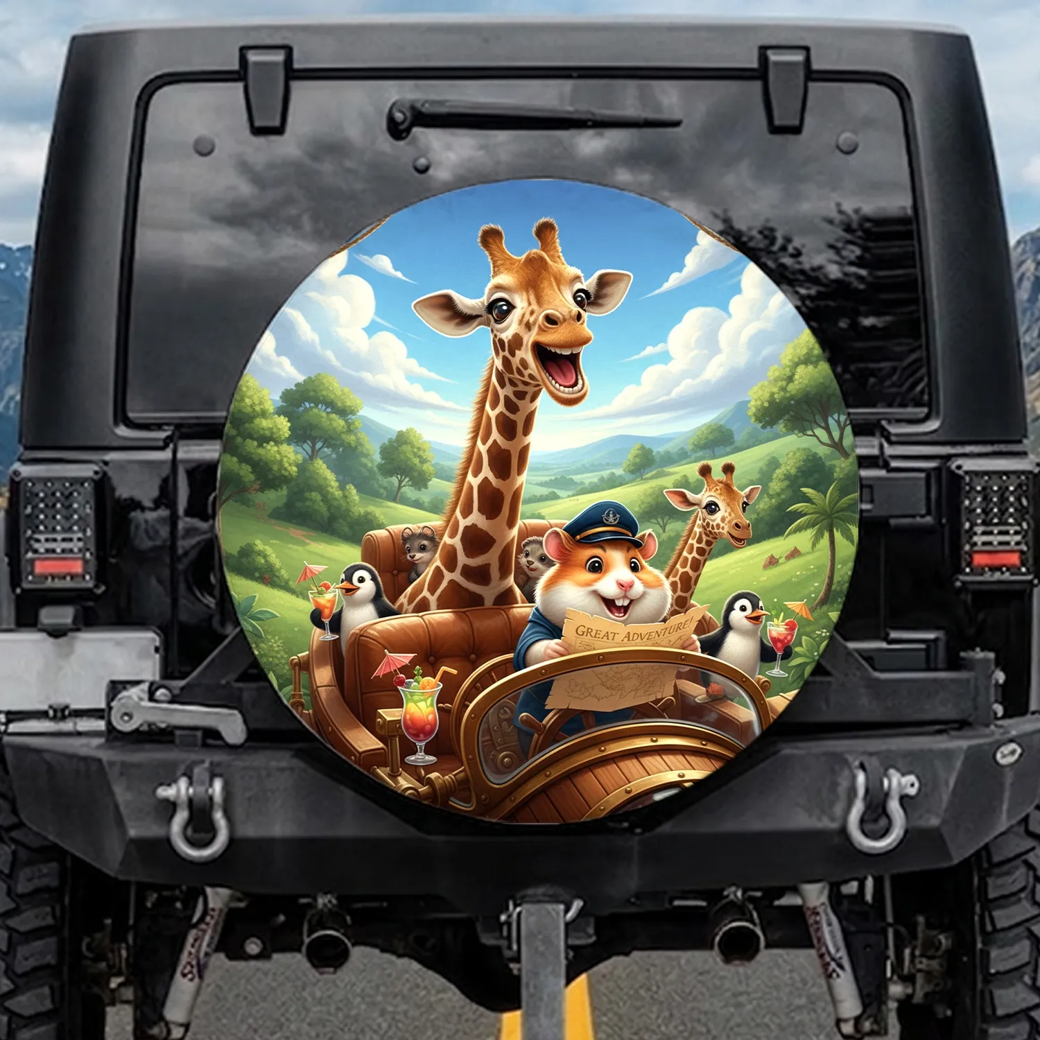 Giraffe Hamster Steering Map Journey - Outdoor Explorer Gift Spare Tire Cover - 1