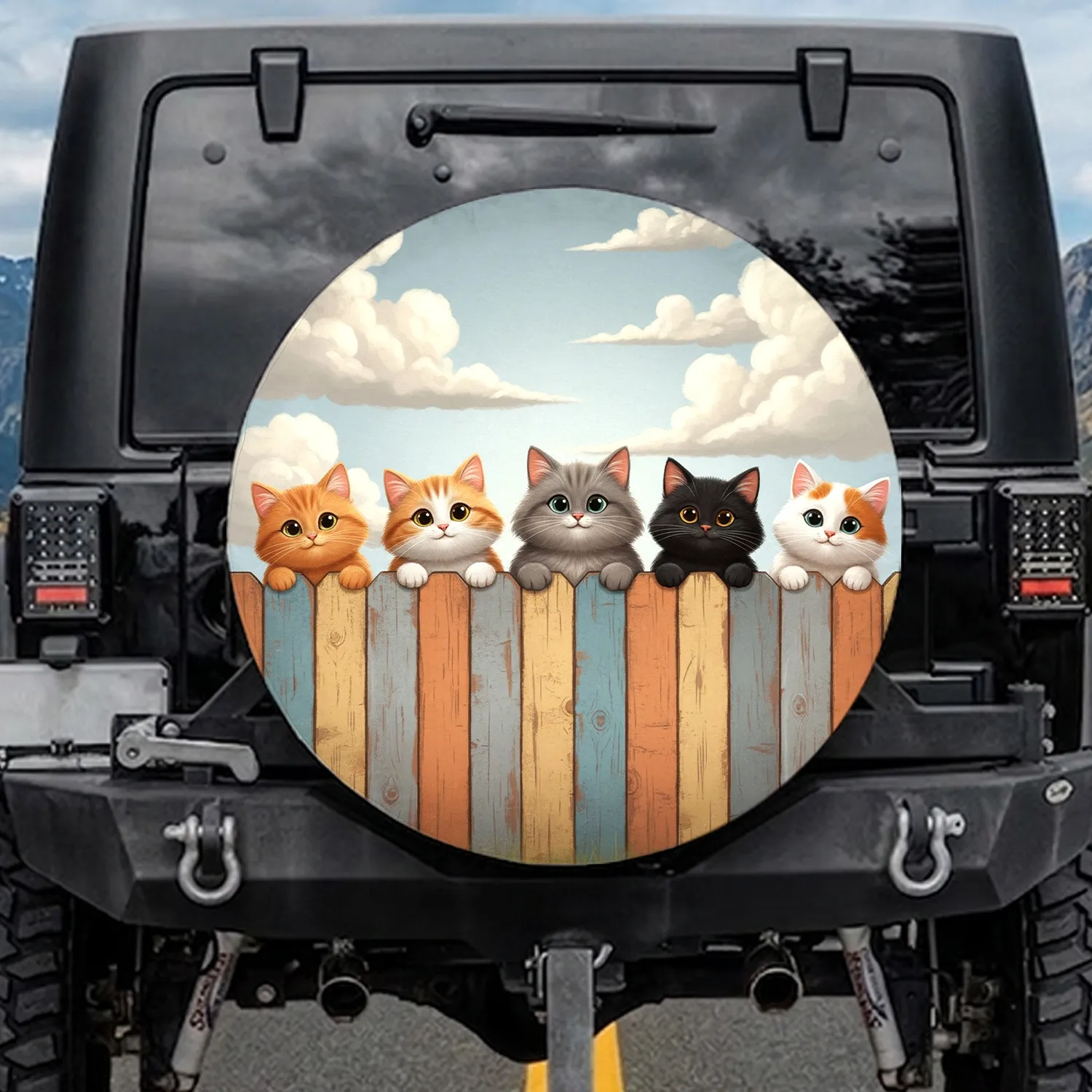 Five Adorable Cats Rustic Wooden Fence Cloud Sky - Everyday Cat Lover Home Decor Spare Tire Cover - 1