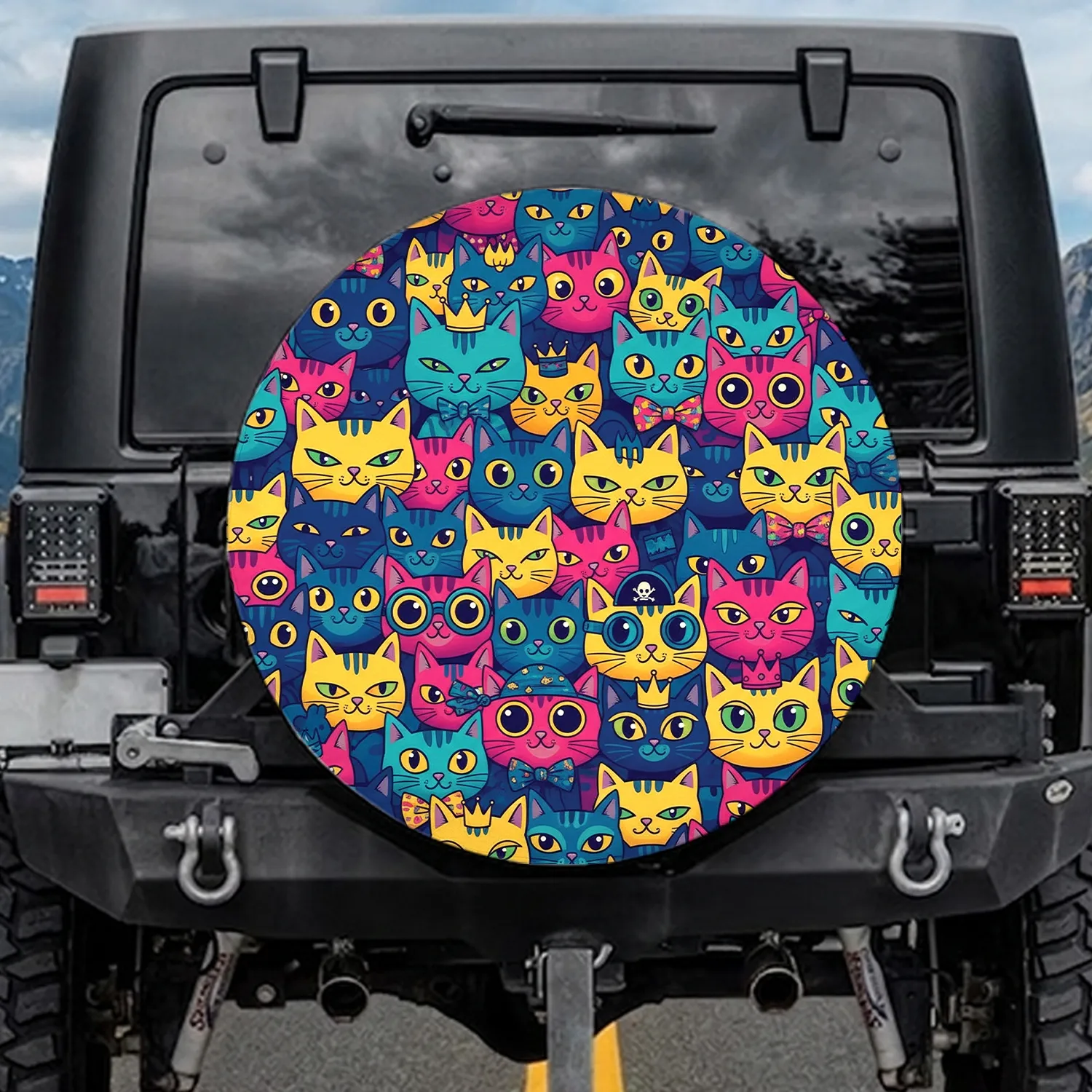 Dense Vibrant Cartoon Cat Faces - Cat Lover Everyday Gift Spare Tire Cover - 1