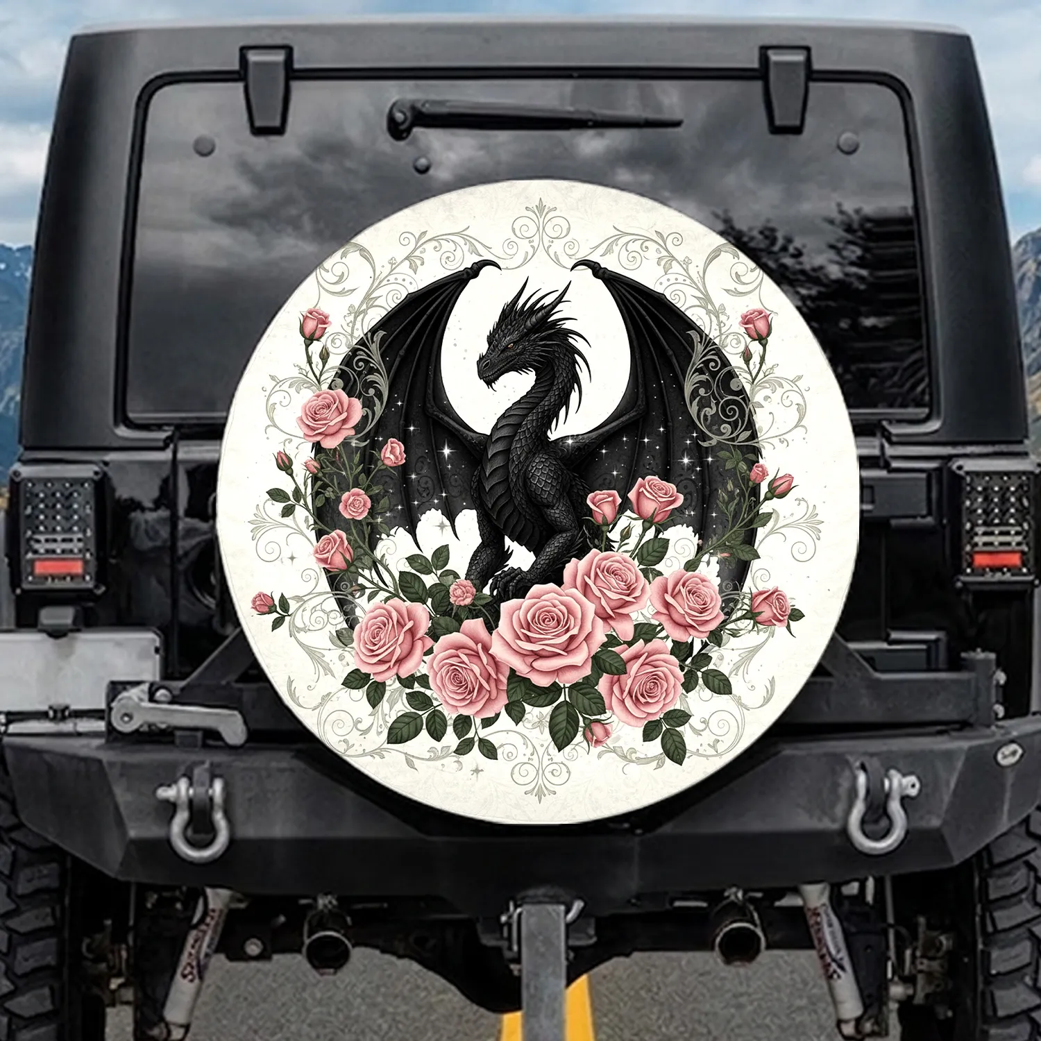 Black Dragon Pink Roses Gothic Fantasy - Dark Mystical Dragon Lover Gift Spare Tire Cover - 1