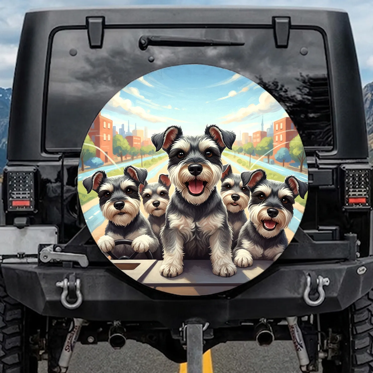 Five Miniature Schnauzers Journey Landscape - Dog Lover Travel Gift Spare Tire Cover - 1