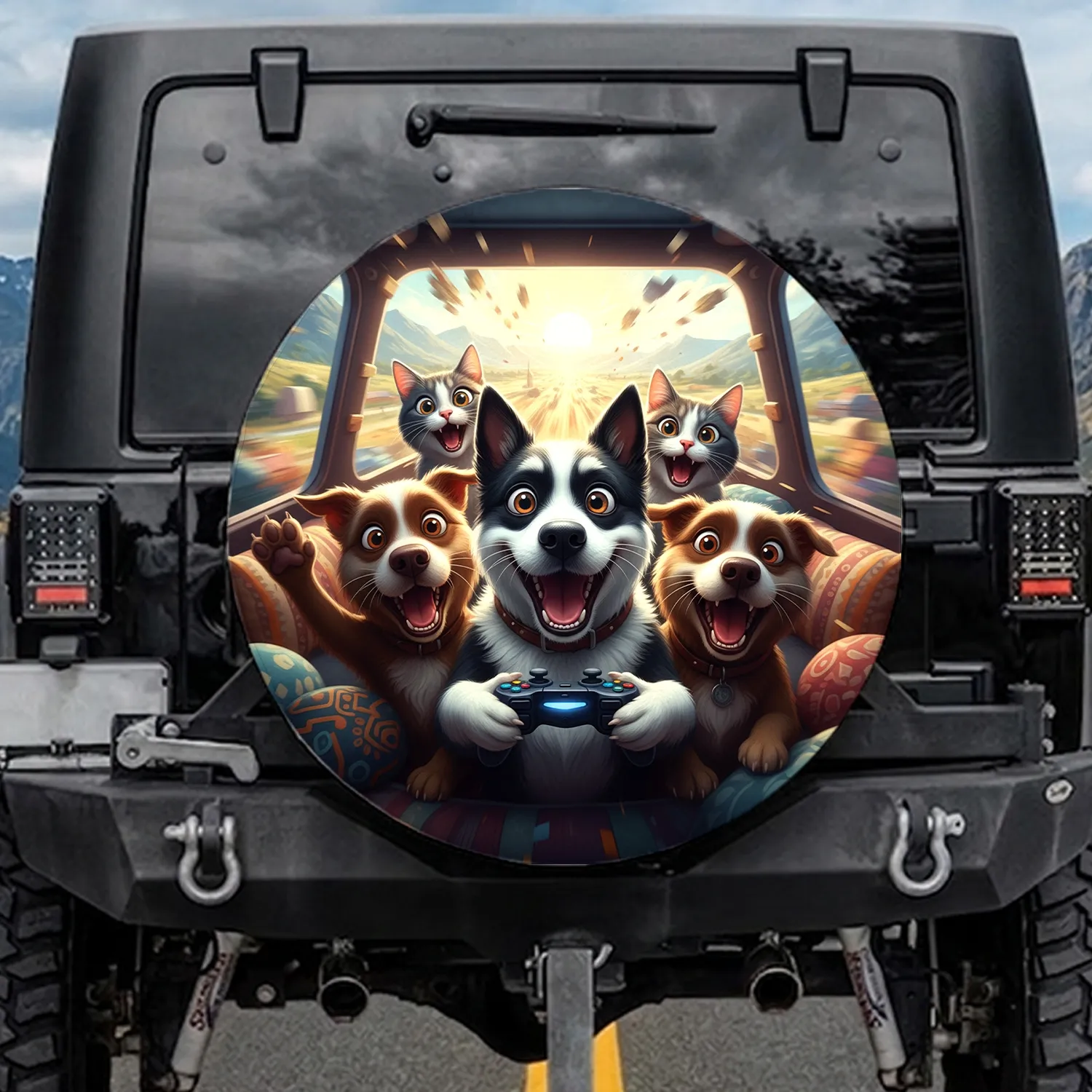 Comedic Dogs Cats Pet Ensemble - Travel Adventure Pet Lover Gift Spare Tire Cover - 1