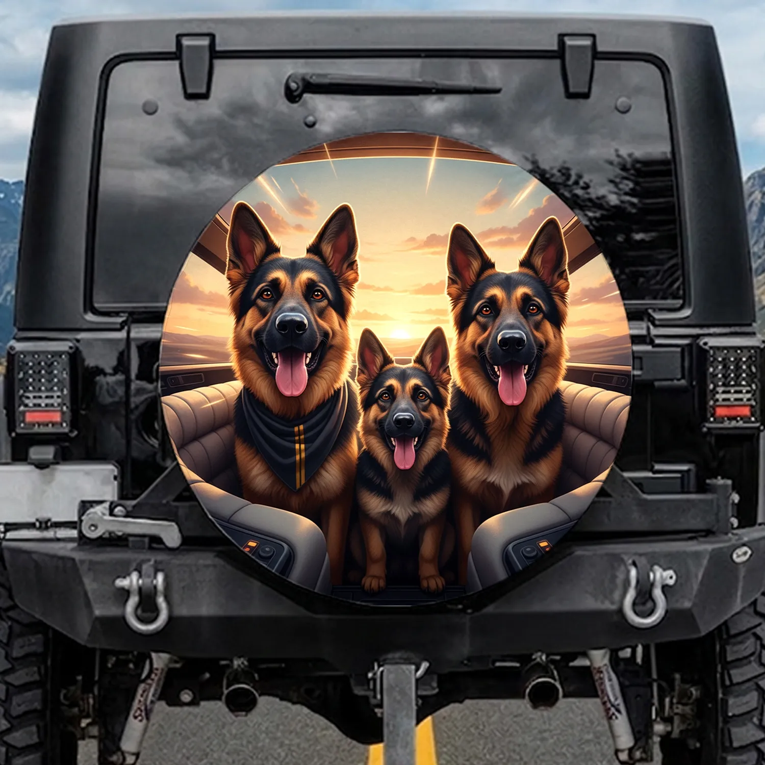 German Shepherds Sunset Road Trip - Dog Lover Gift for Pet Parents Spare Tire Cover - 1