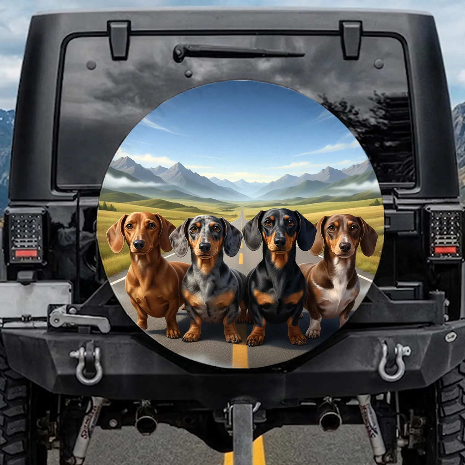 Lively Dachshunds Open Road Landscape - Adventure Dog Lover Gift Spare Tire Cover - 1