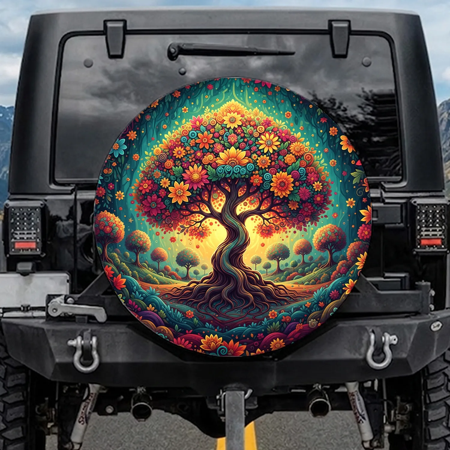 Majestic Tree of Life Vibrant Floral Swirling Leaves Forest - Vehicle Decor Gift Spare Tire Cover - 1