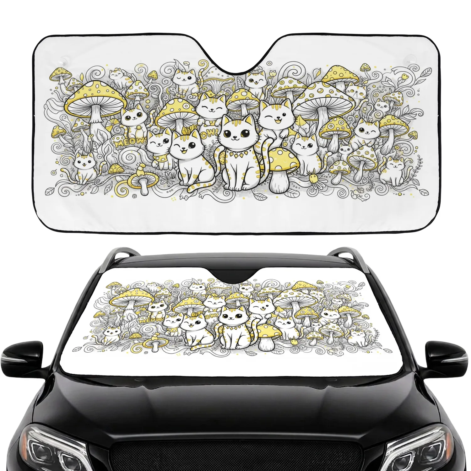 Cartoon Cats Mushrooms Foliage Field - Cat Lover Road Trip Car Interior Upgrade Car Sunshade - 1
