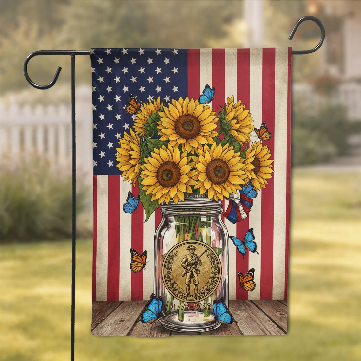 Proudly American Sunflower Flag Mason Jar Butterflies Patriotic Home Decor Garden Flag - 1